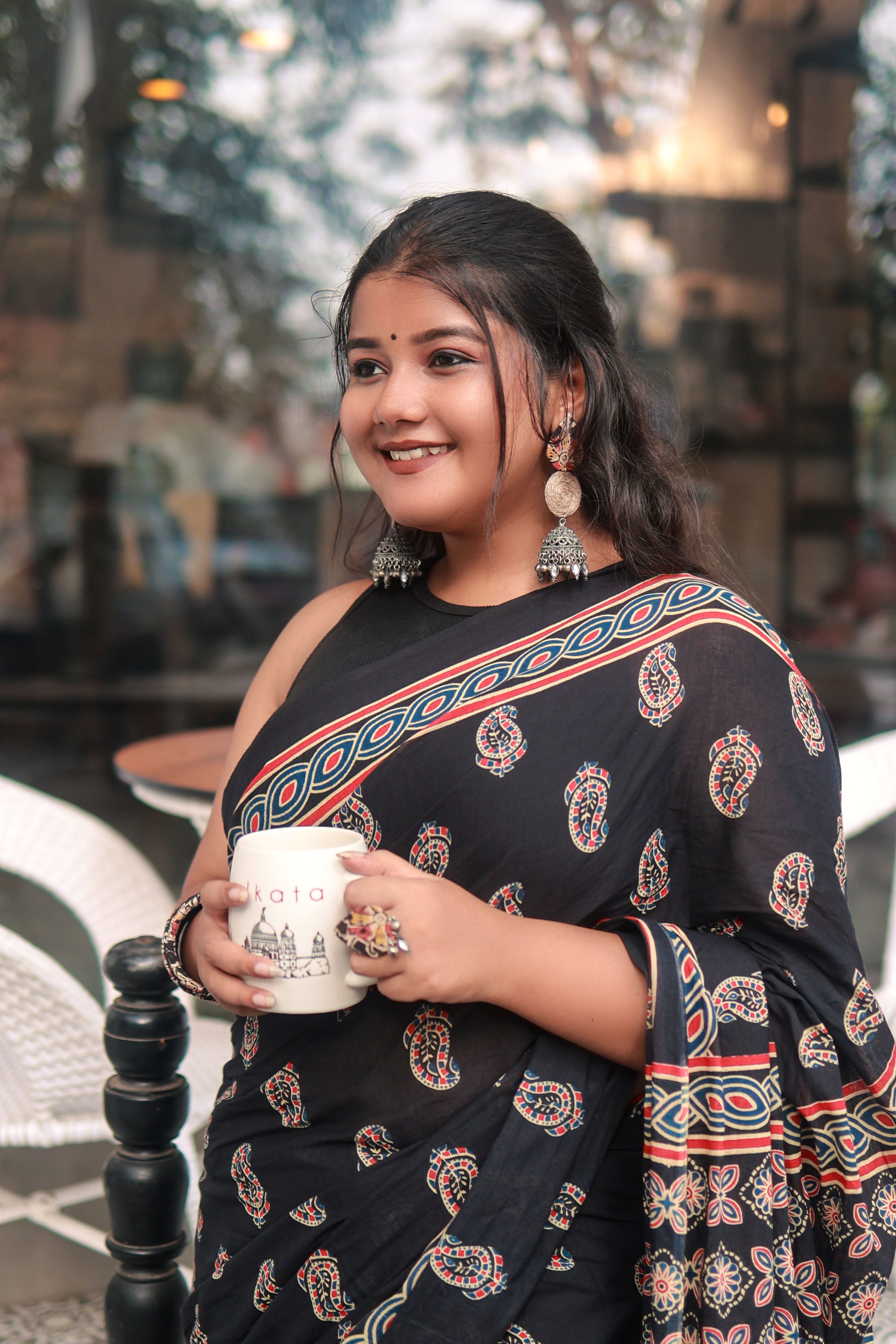 Black Ajrakh - Cotton Mulmul Handblock Saree