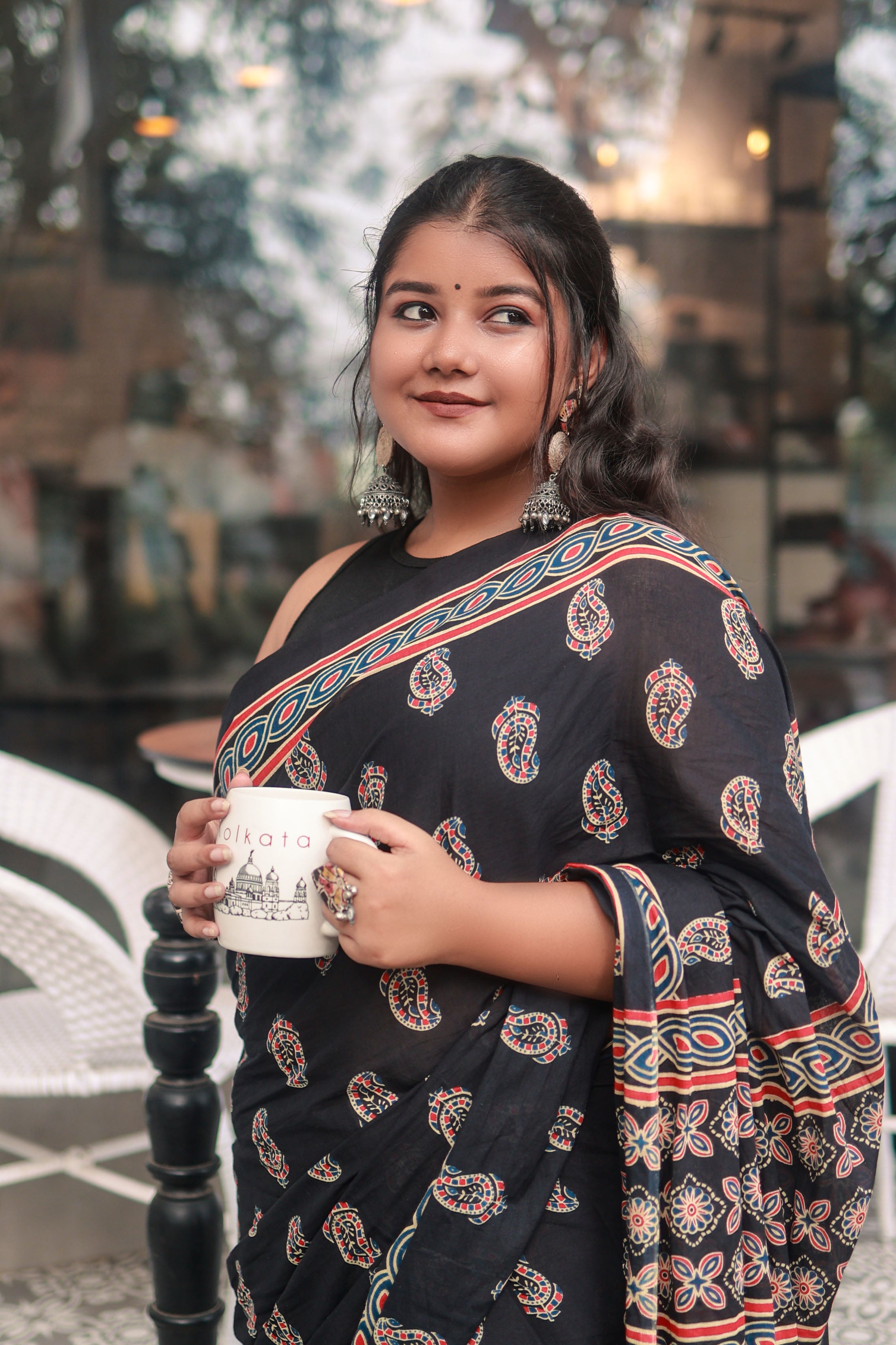 Black Ajrakh - Cotton Mulmul Handblock Saree