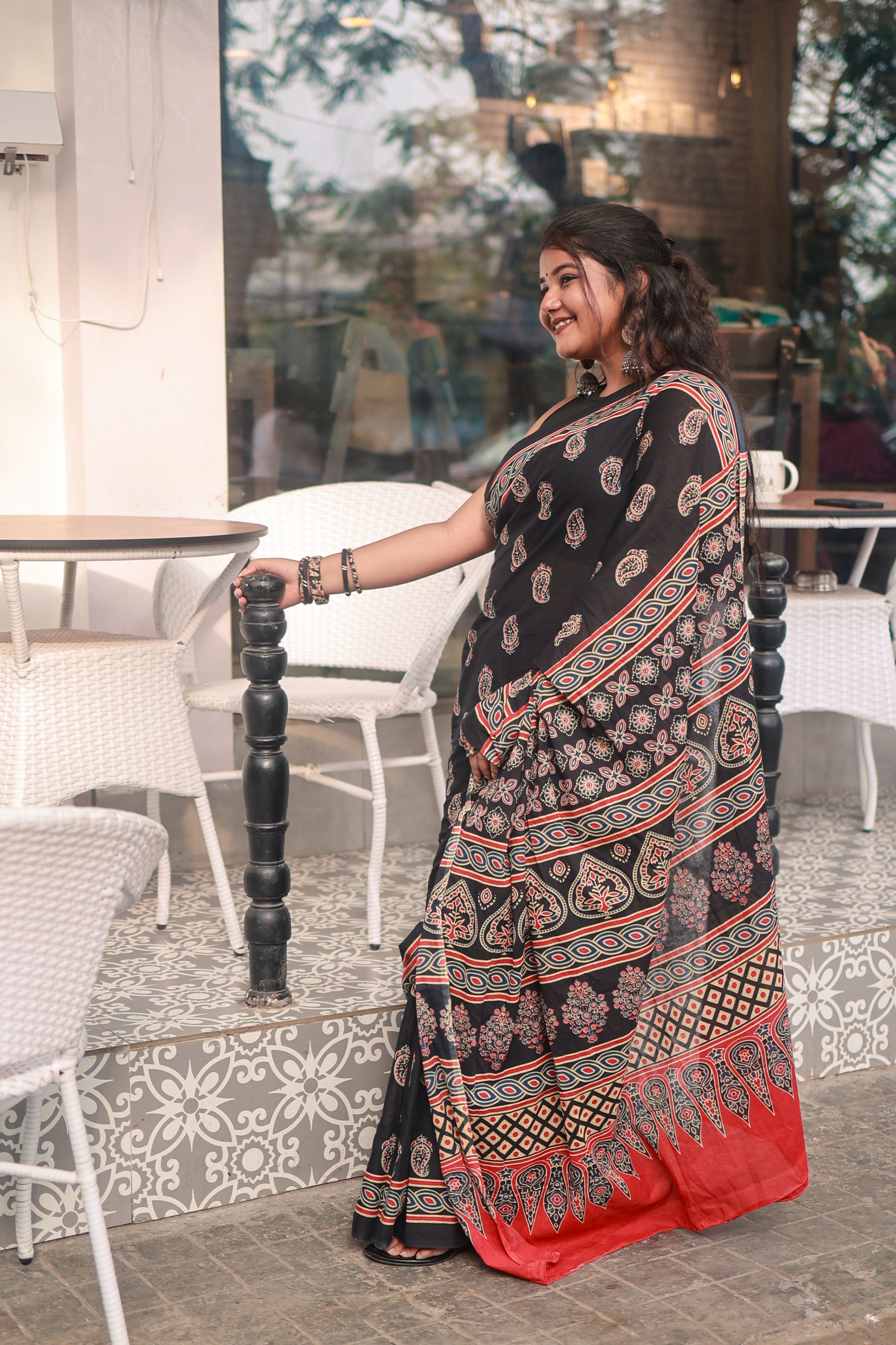 Black Ajrakh - Cotton Mulmul Handblock Saree