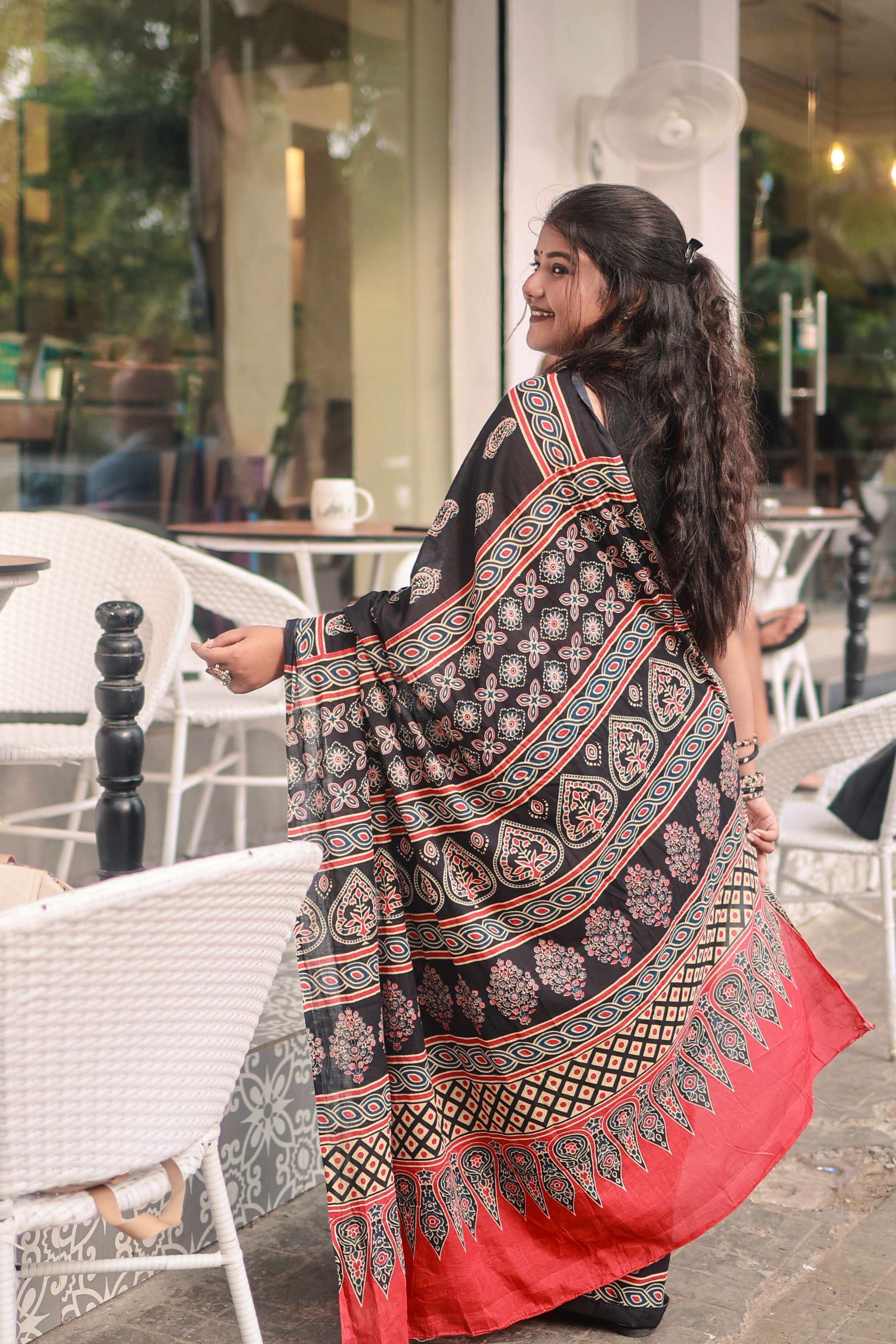 Black Ajrakh - Cotton Mulmul Handblock Saree