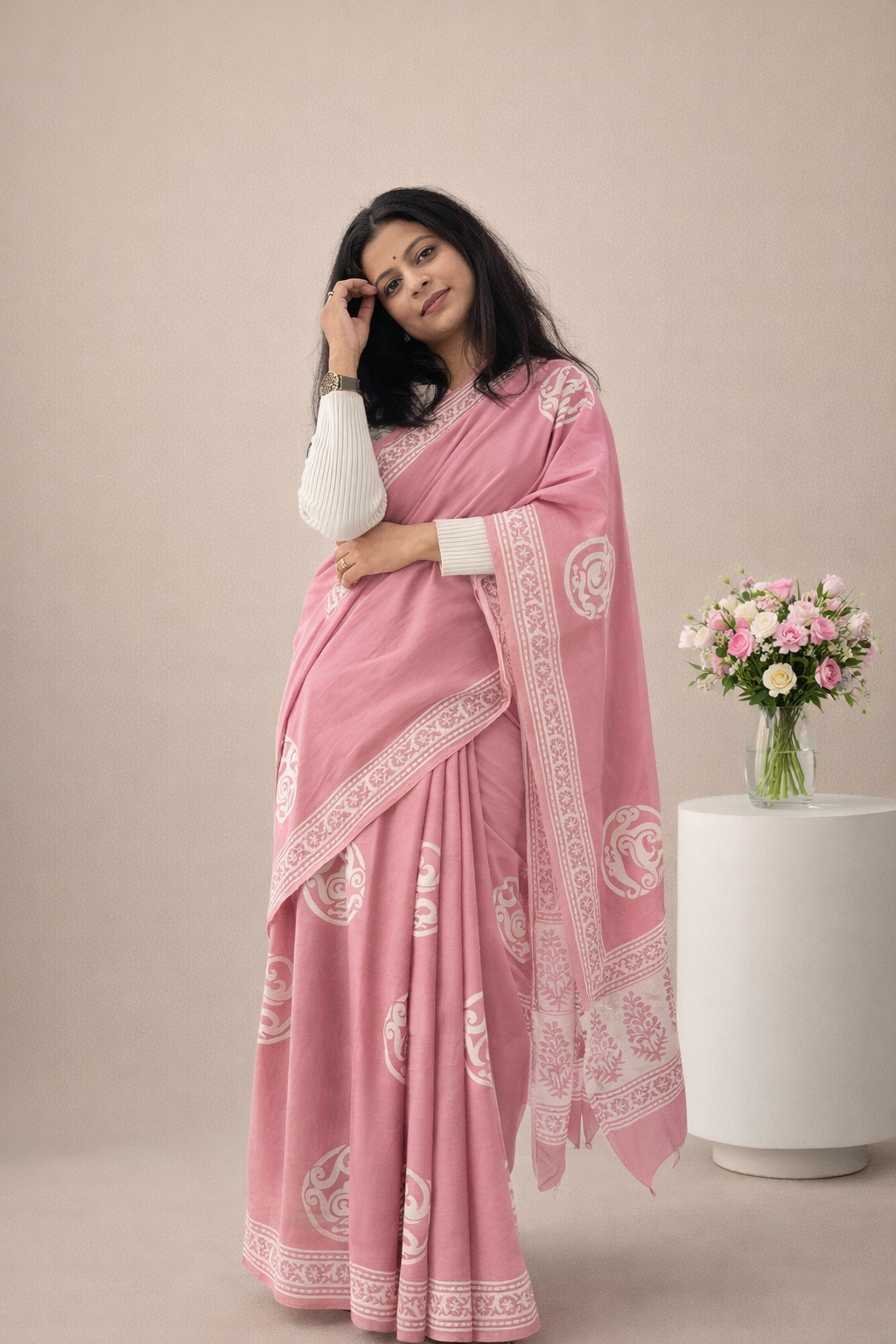 Dusky Pink - Handblock Cotton Mulmul Saree