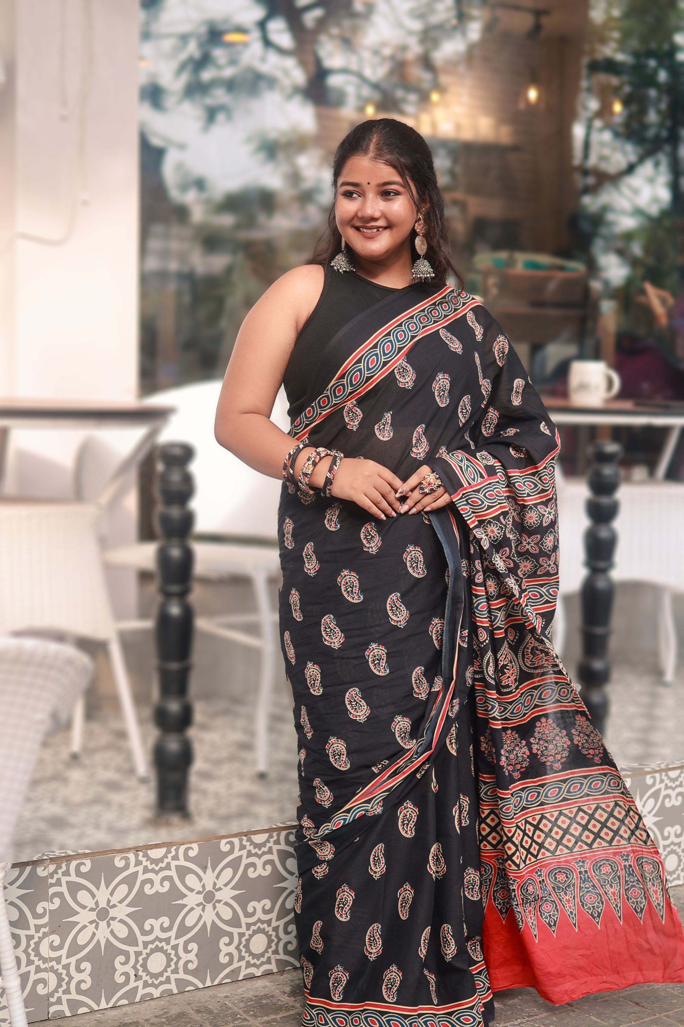 Black Ajrakh - Cotton Mulmul Handblock Saree