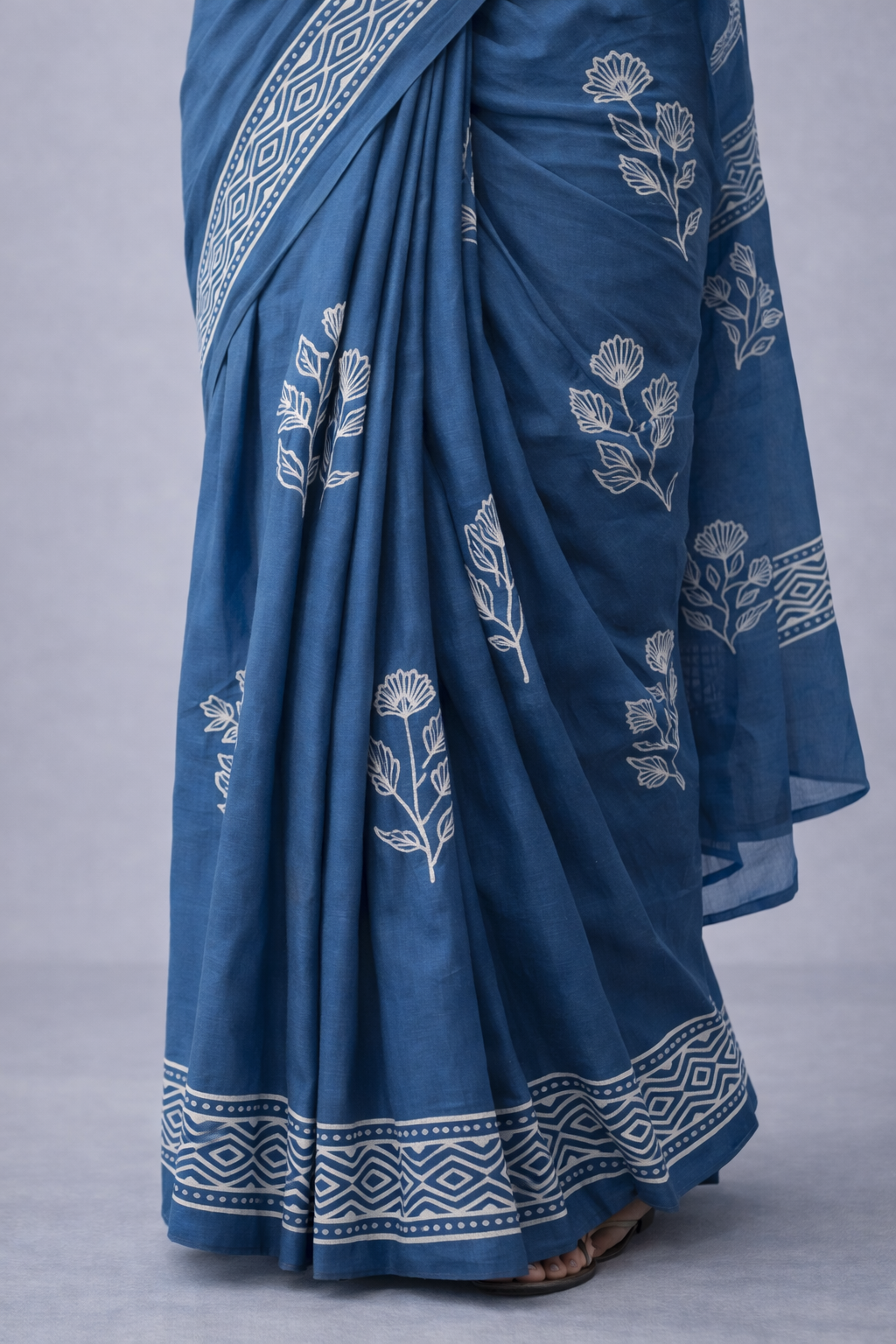 Once In a Blue - Handblock Cotton Mulmul Saree