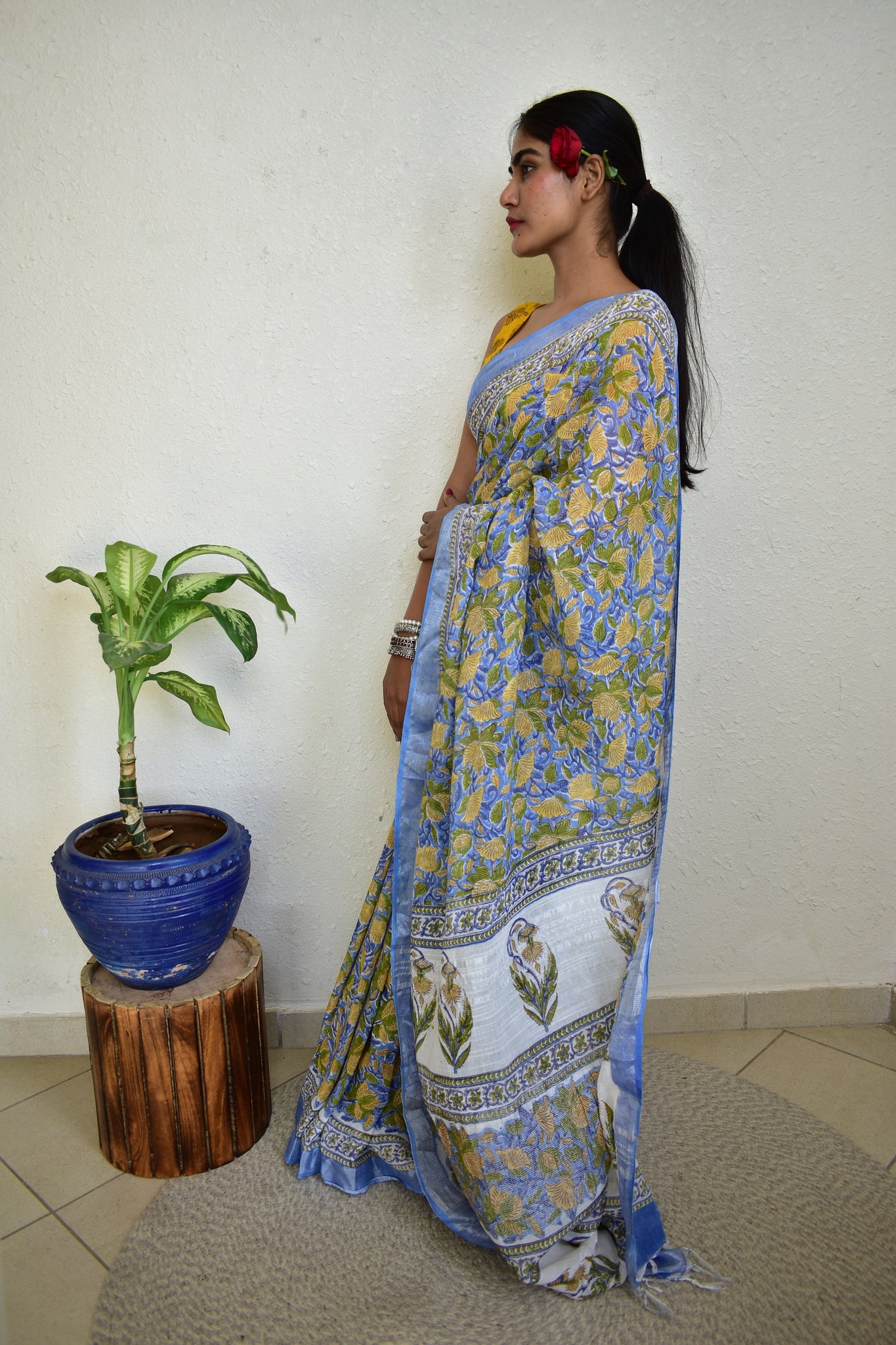 Yellow kaner - Handblock Print Natural Dyed - Linen Cotton Saree