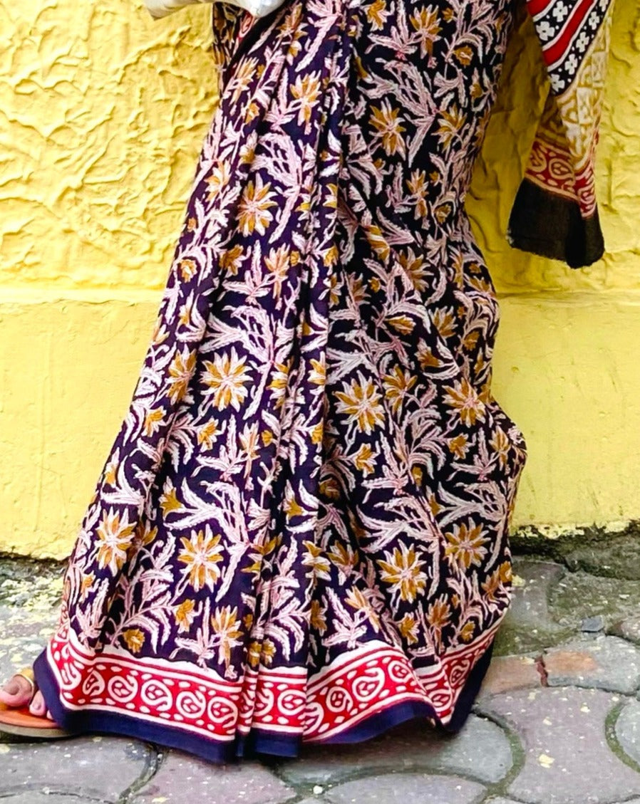 Kalbeliya - Bagru Natural Dyes Handblock Printed - Cotton Mulmul Saree