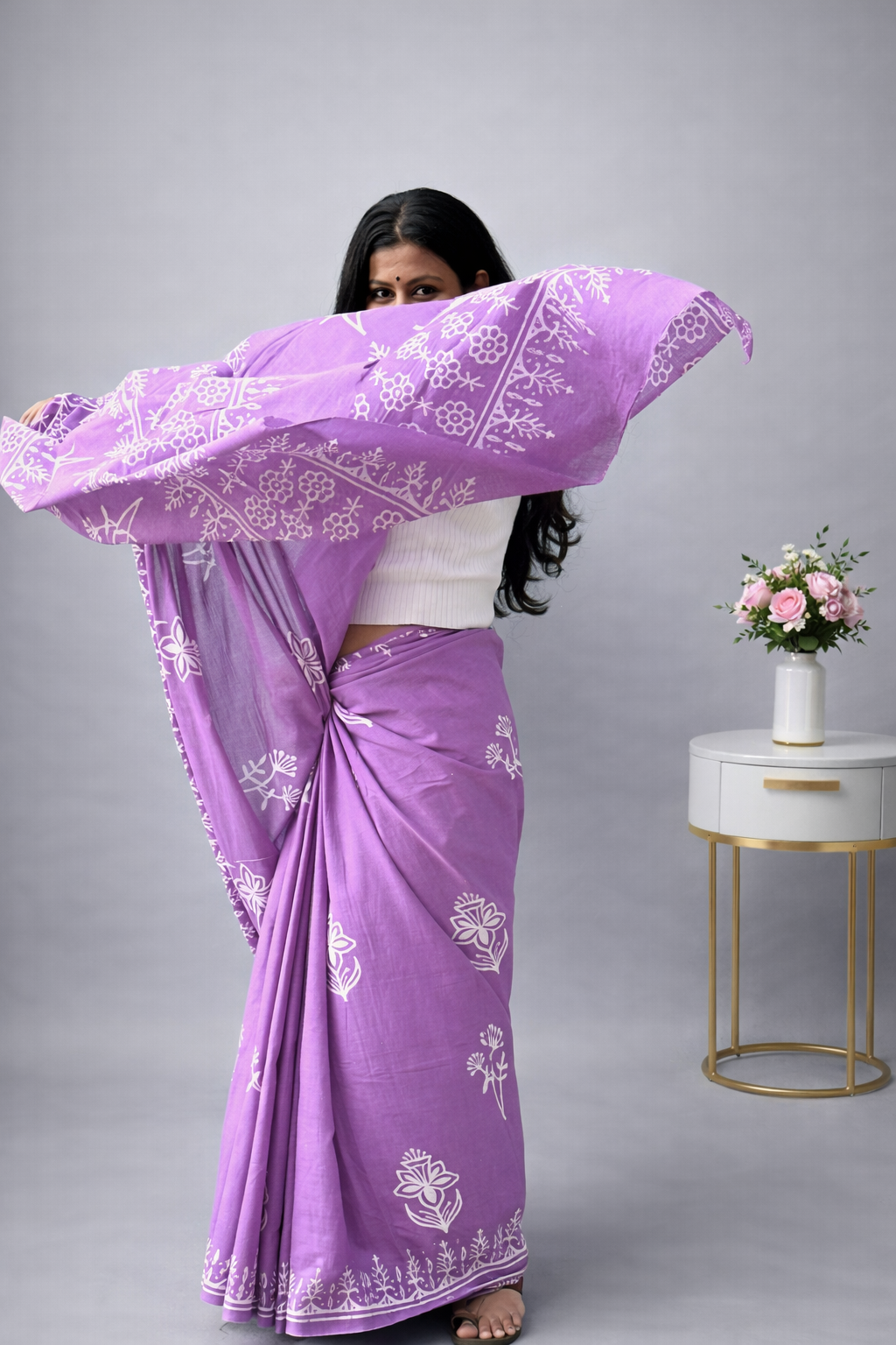 Lavender Mood - Handblock Cotton Mulmul Saree