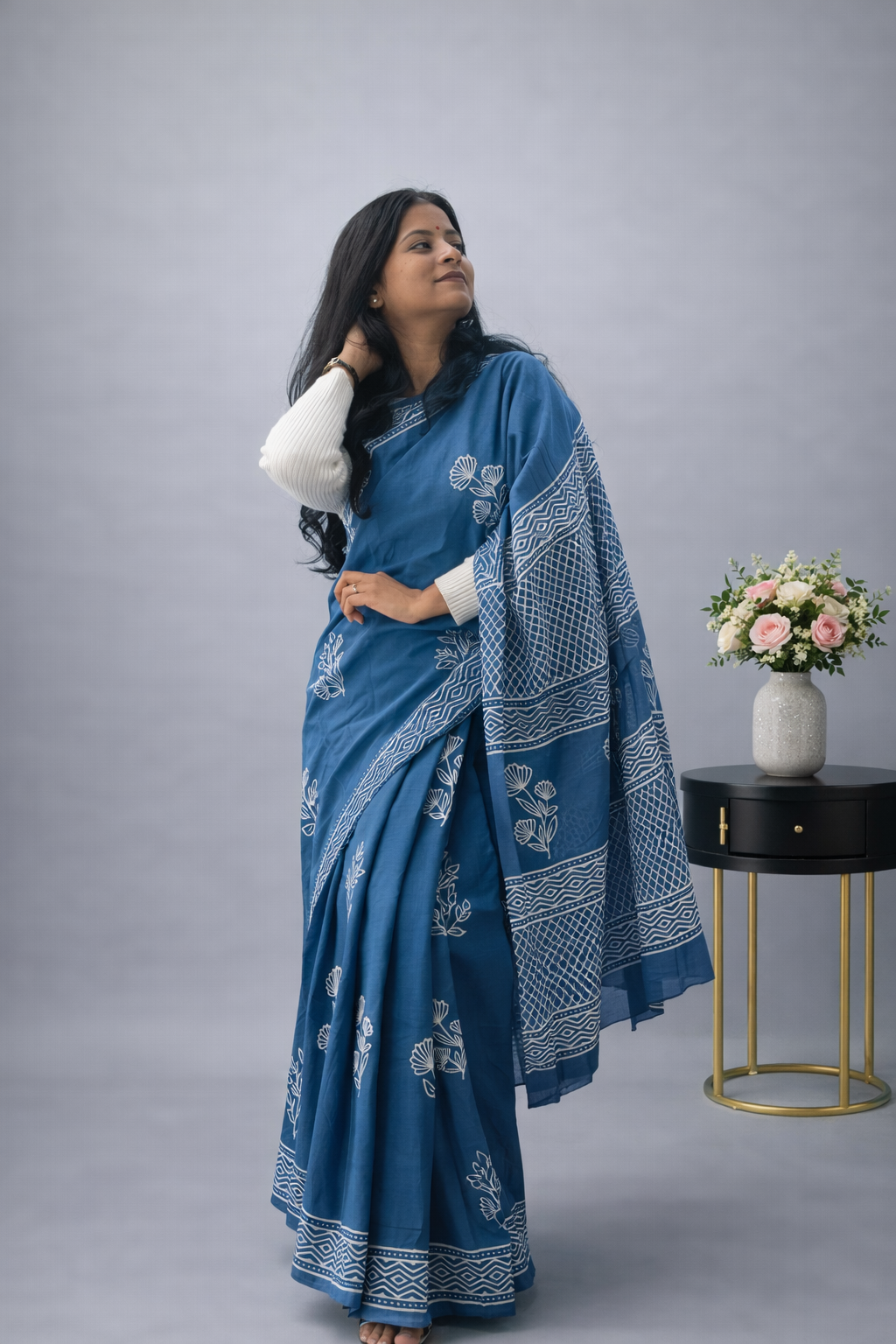 Once In a Blue - Handblock Cotton Mulmul Saree