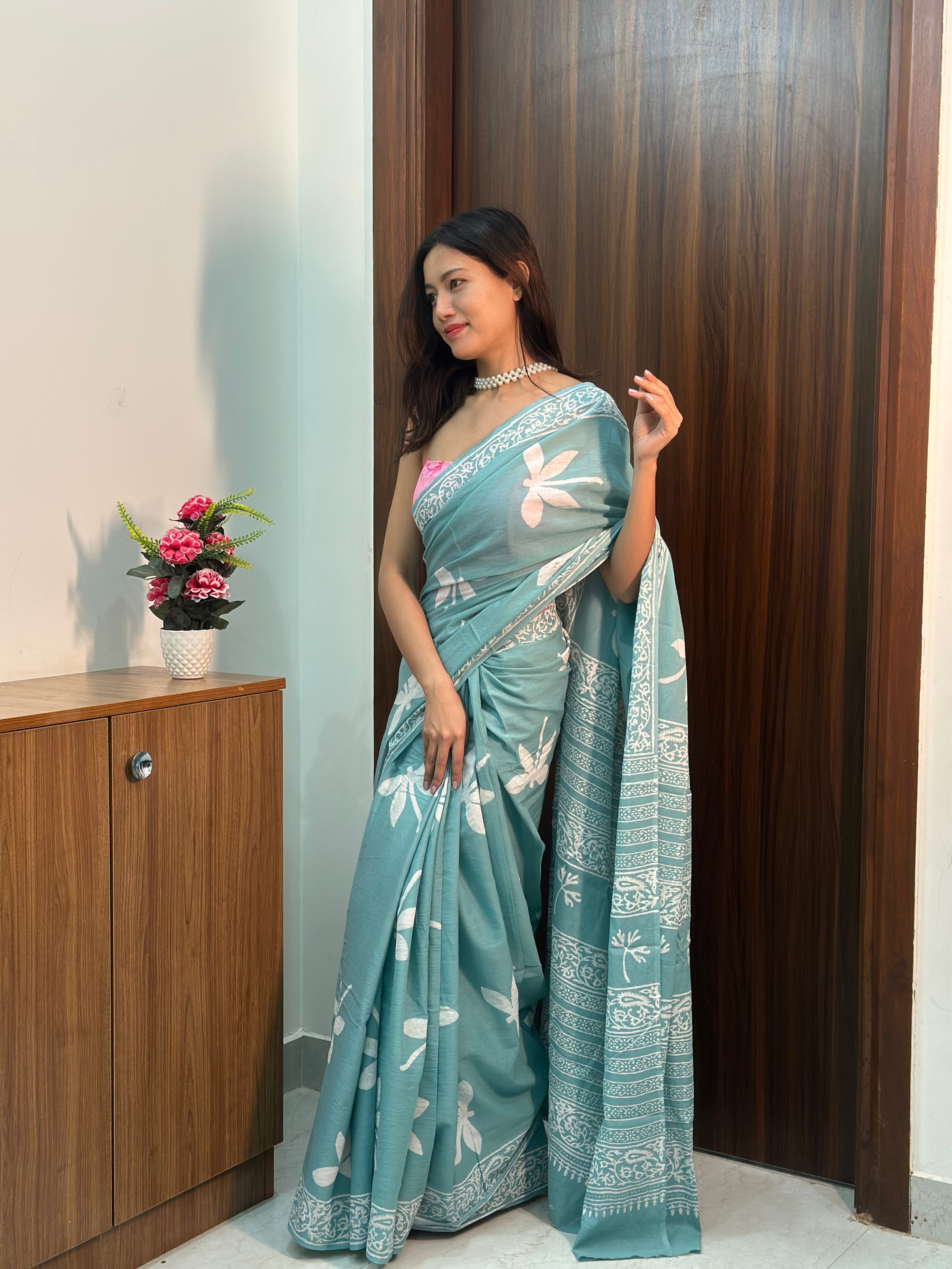 Dragon Fly – Handcrafted Mulmul Cotton Saree in Mint Green with Dragonfly Motif