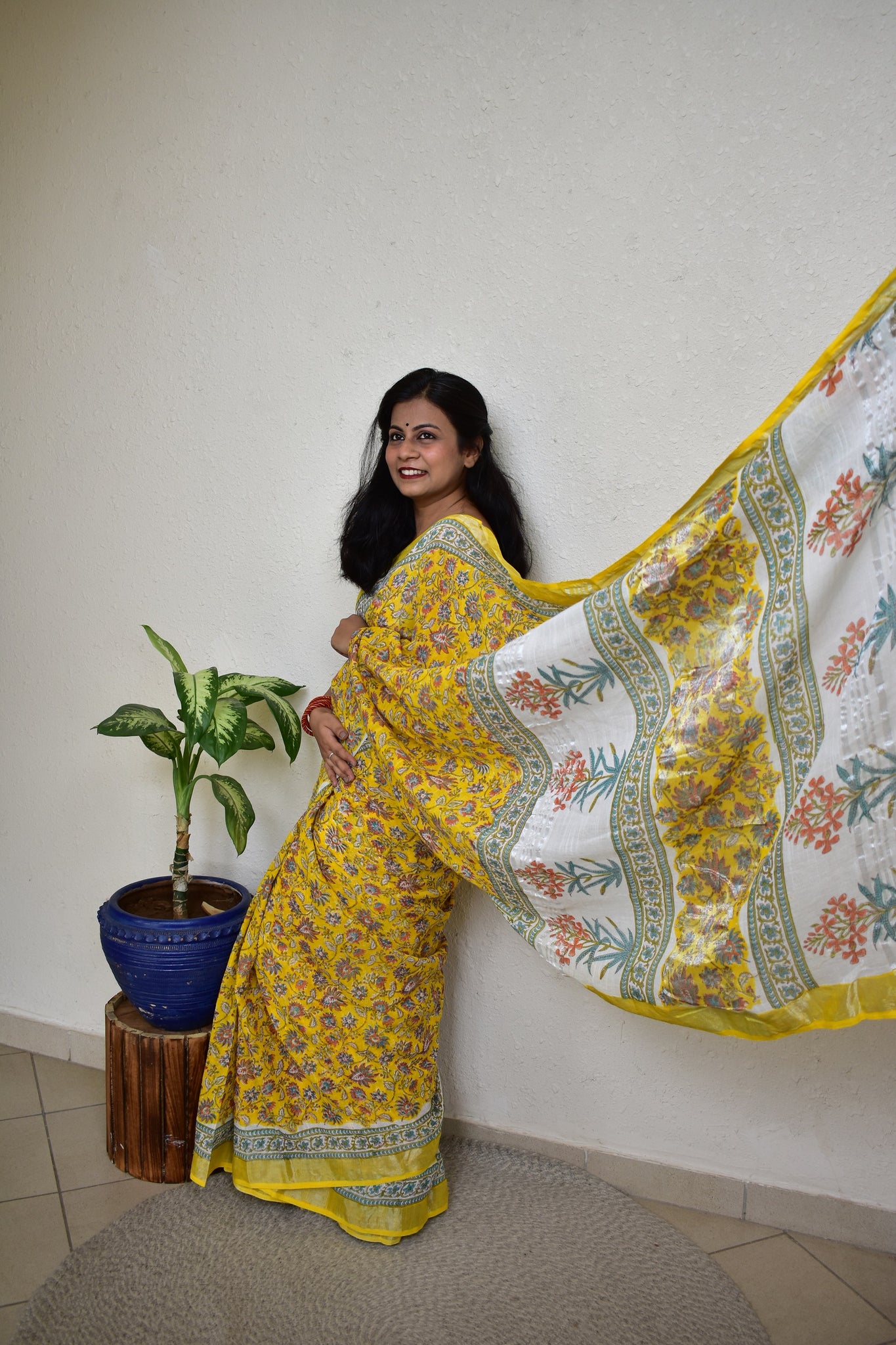 Marigold - Handblock Print Natural Dyed - Linen Cotton Saree