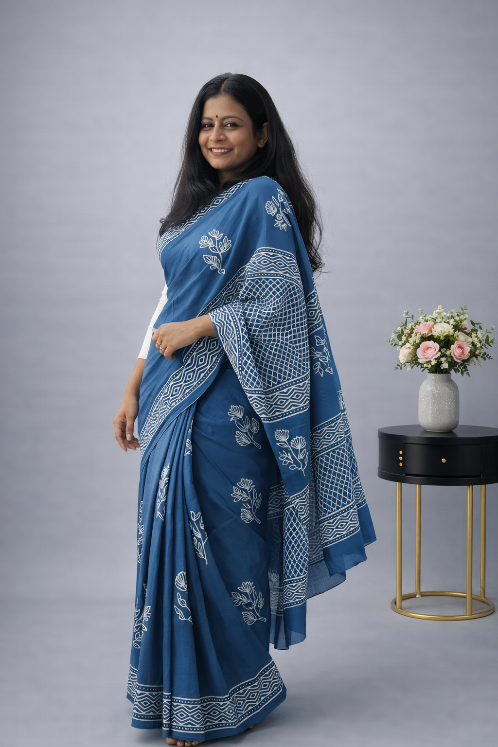 Once In a Blue - Handblock Cotton Mulmul Saree