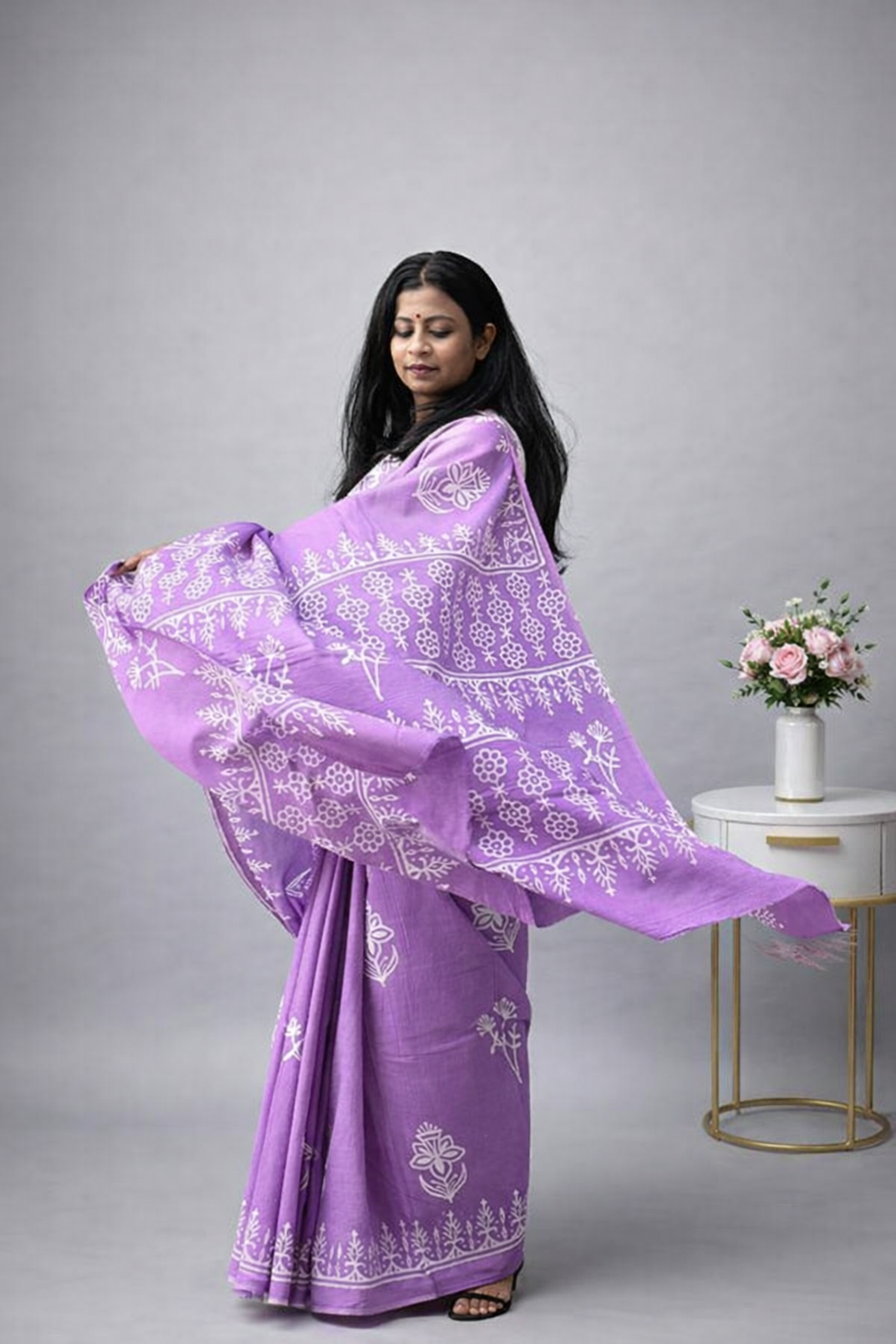 Lavender Mood - Handblock Cotton Mulmul Saree