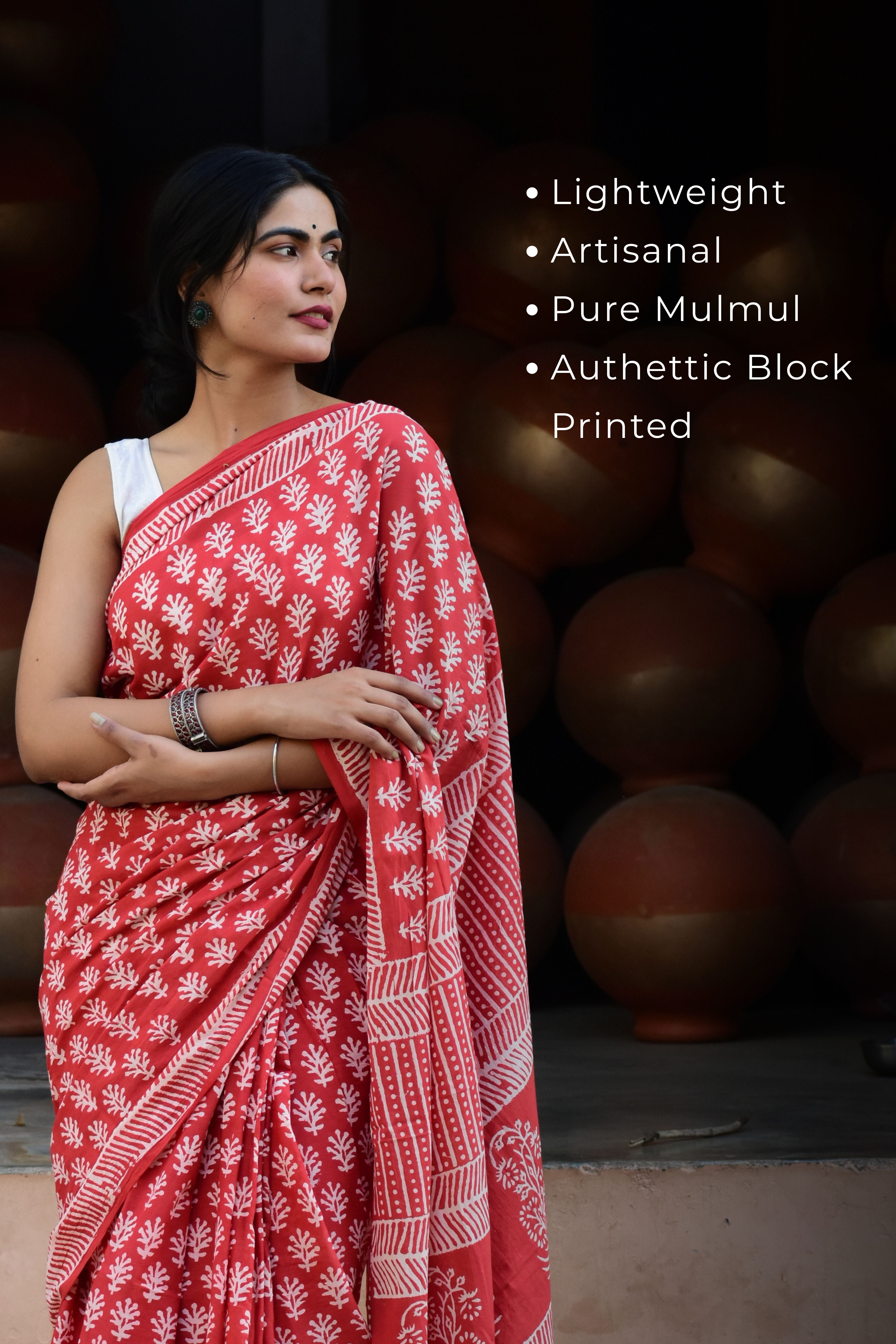 Eye-Candy  - Mulmul Cotton Block Printed Red Saree