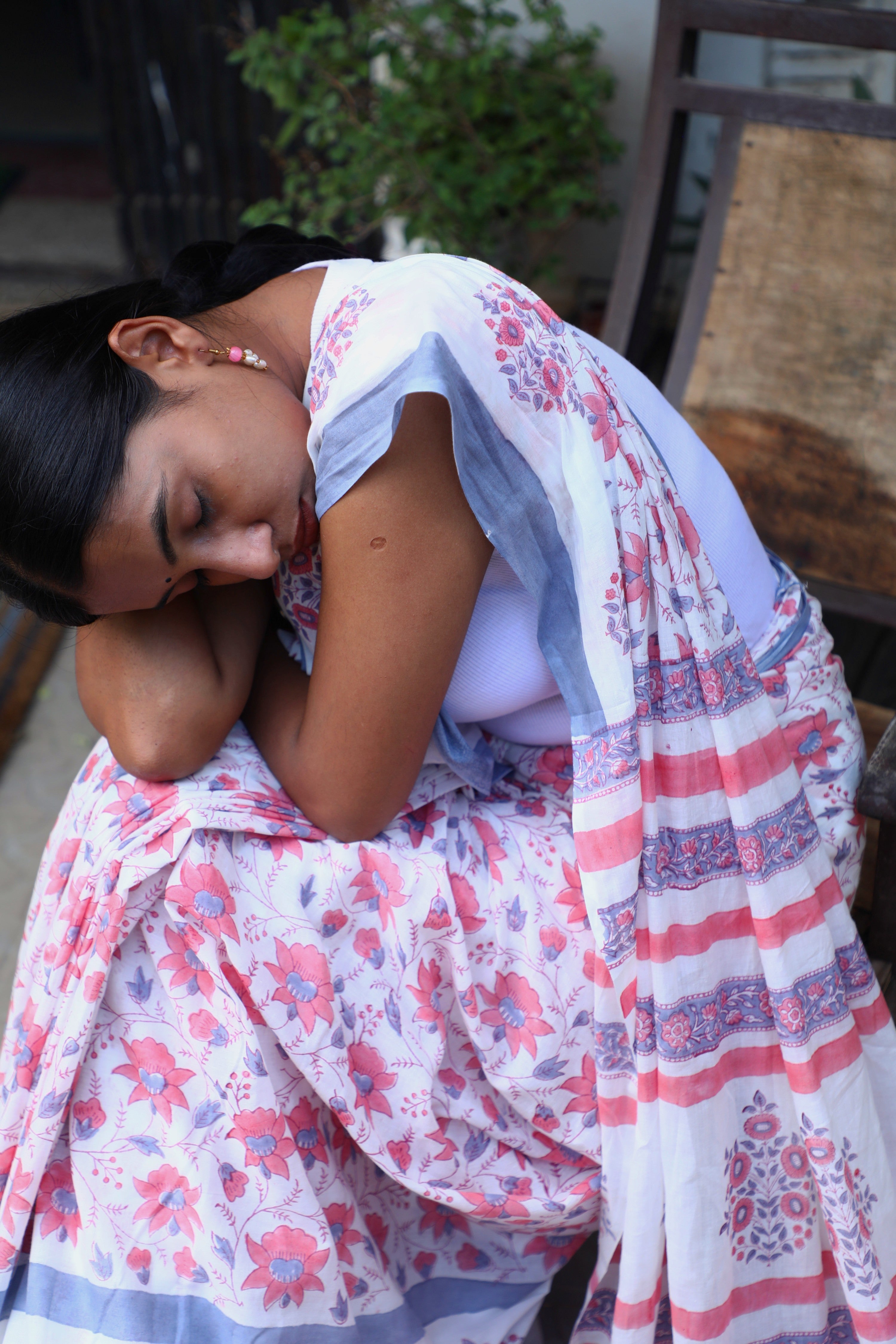 Blossom Dreams - Handblock Cotton Mulmul Saree