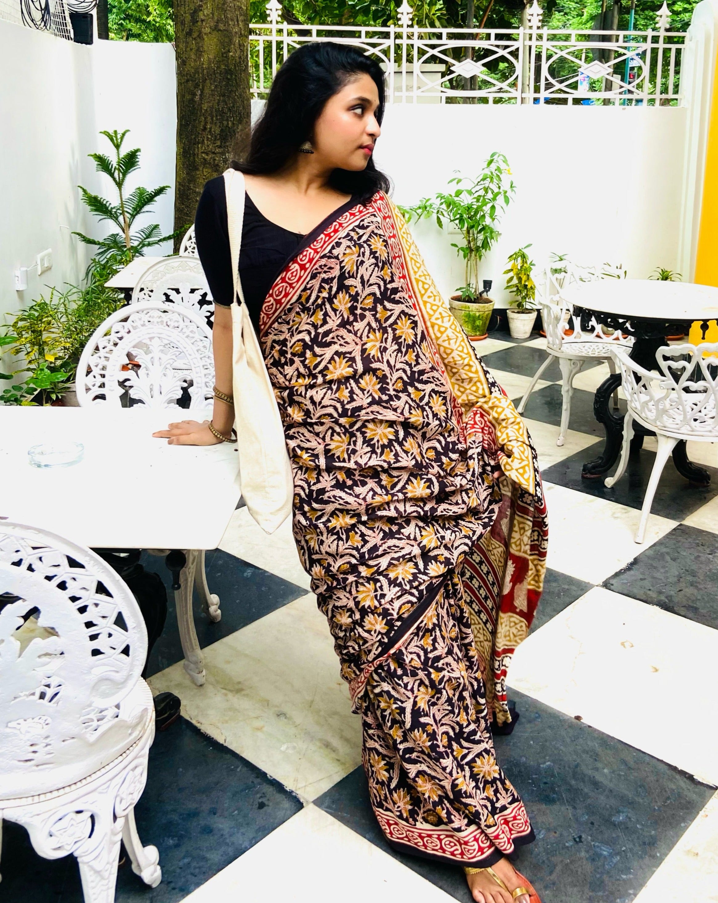 Kalbeliya - Bagru Natural Dyes Handblock Printed - Cotton Mulmul Saree