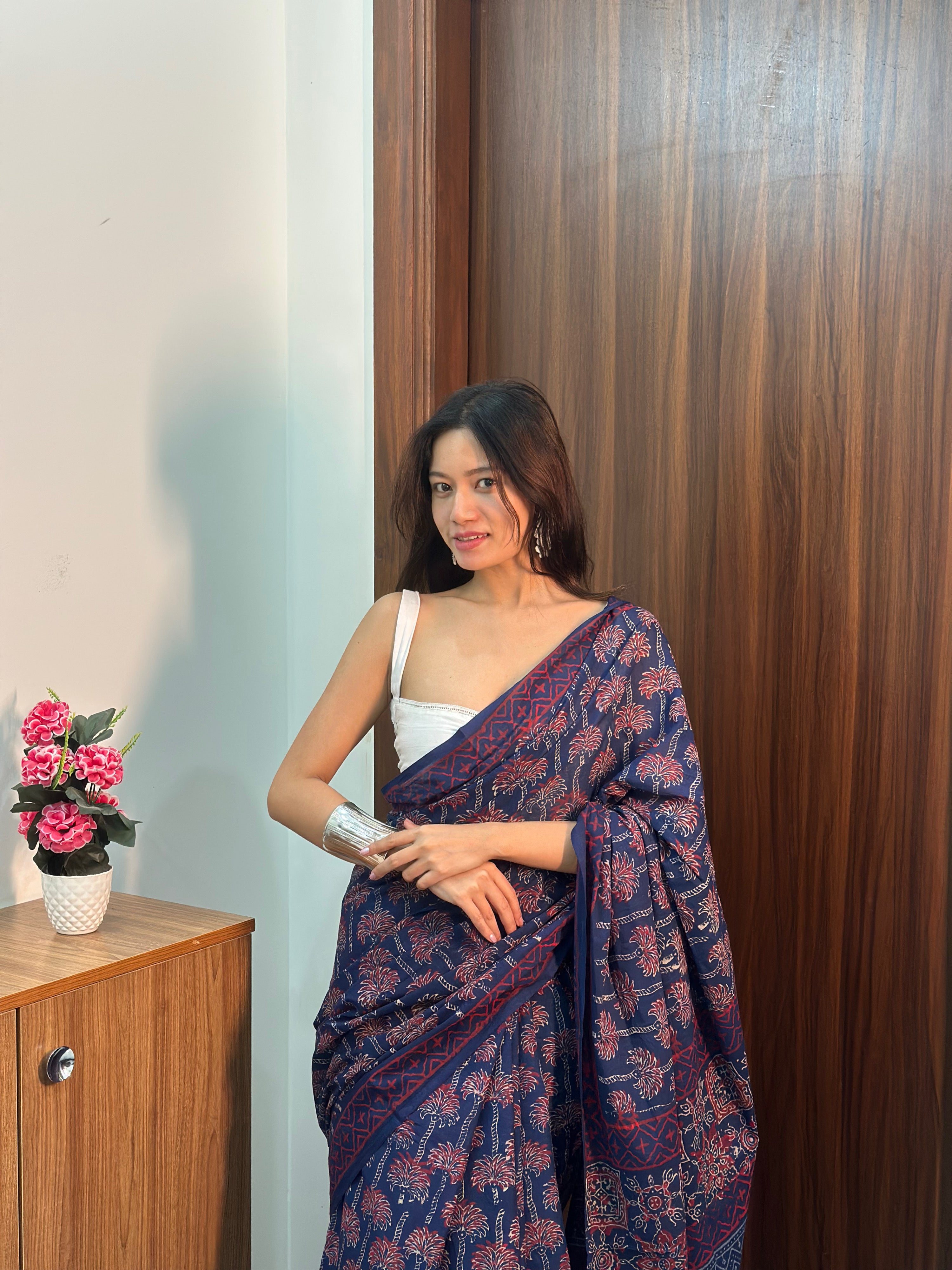 Neela Aasman – Navy Blue Handblock Cotton Saree