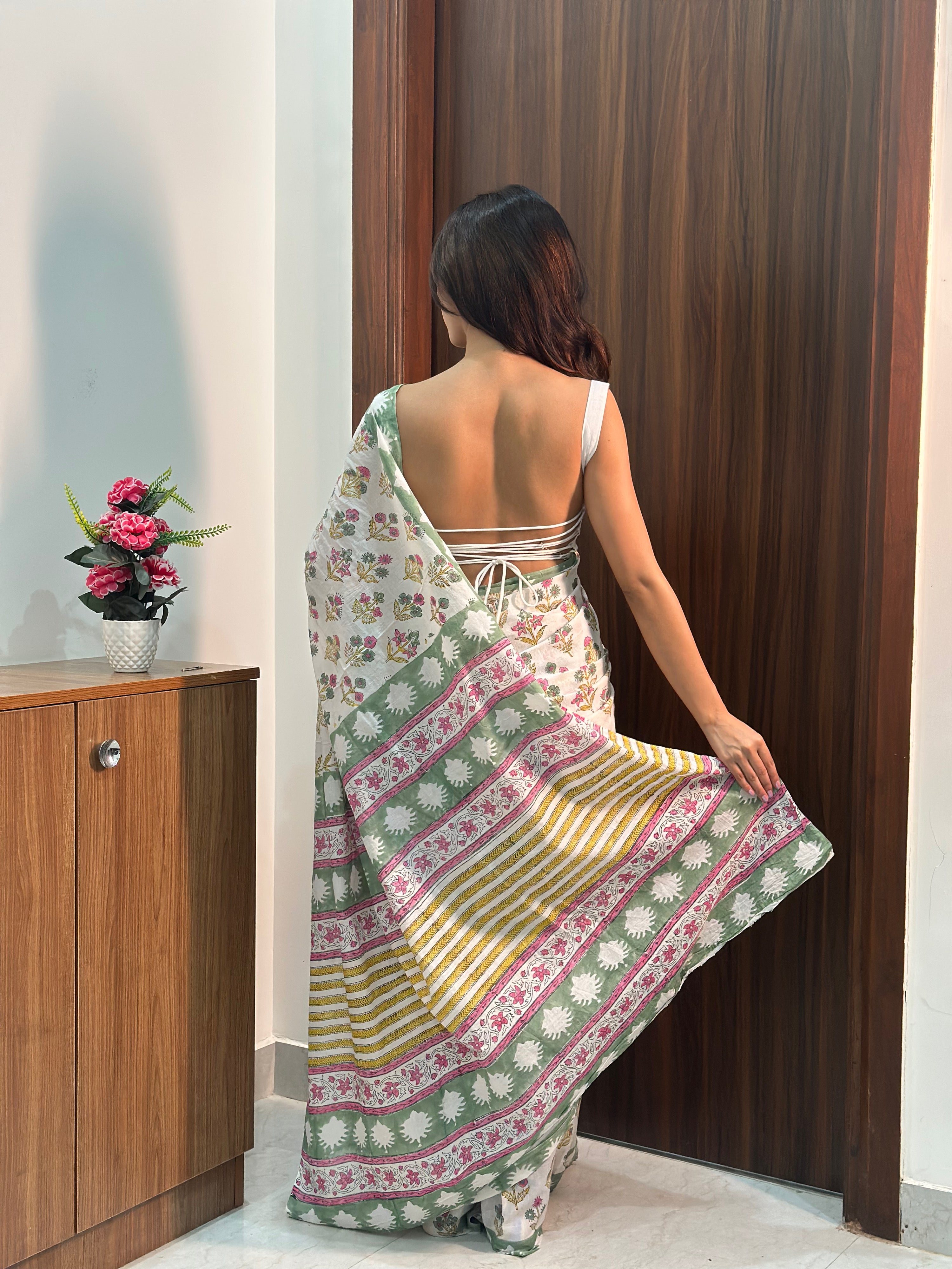 Call Me Love – Multicolor Floral Handblock Printed Cotton Mulmul Saree