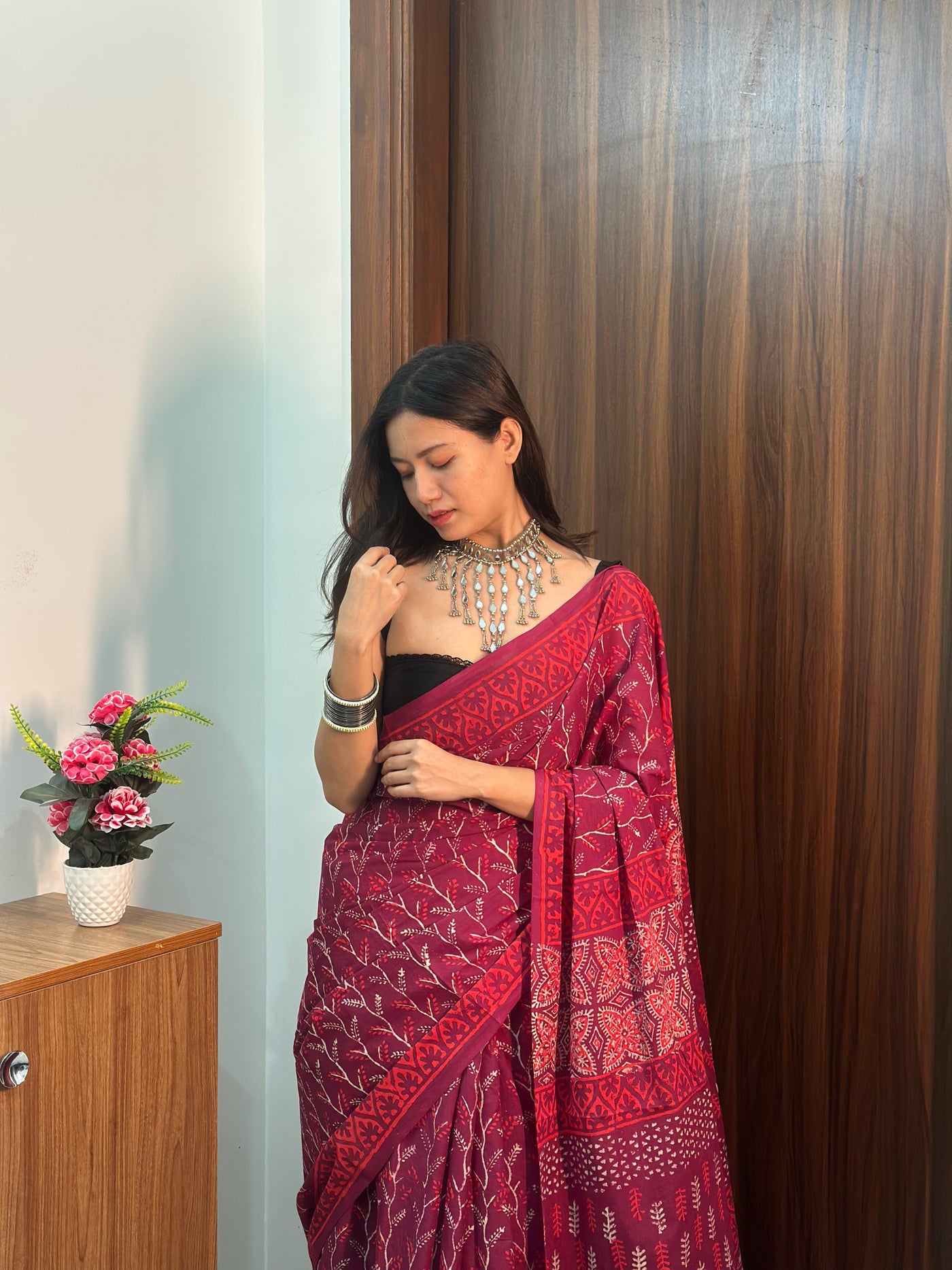 Mulberry Magic – Floral Mulmul Handblock Saree