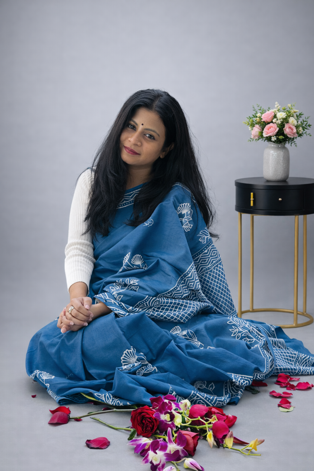 Once In a Blue - Handblock Cotton Mulmul Saree