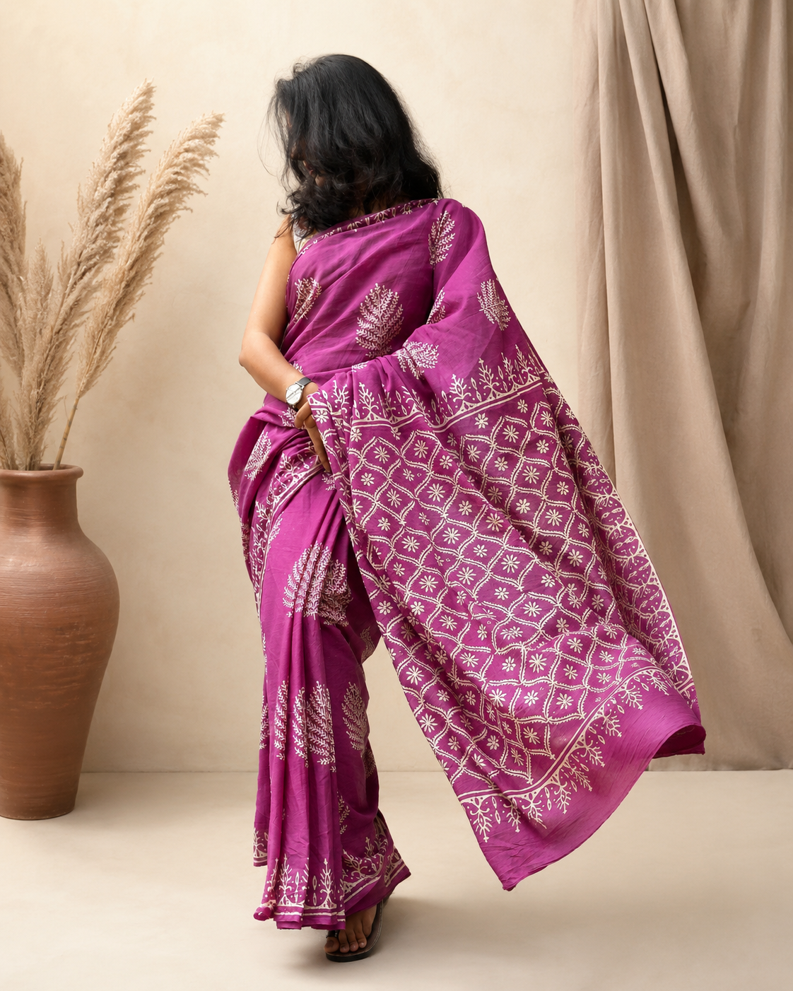Pankhuri - Handblock Mulmul Cotton Saree