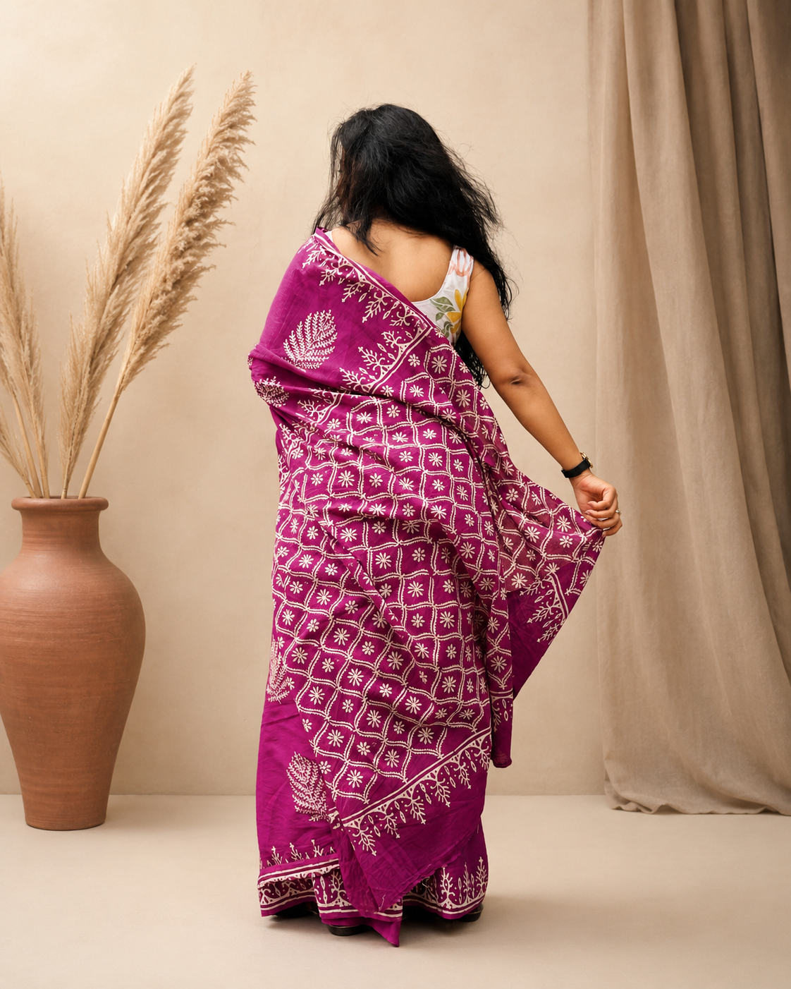 Pankhuri - Handblock Mulmul Cotton Saree