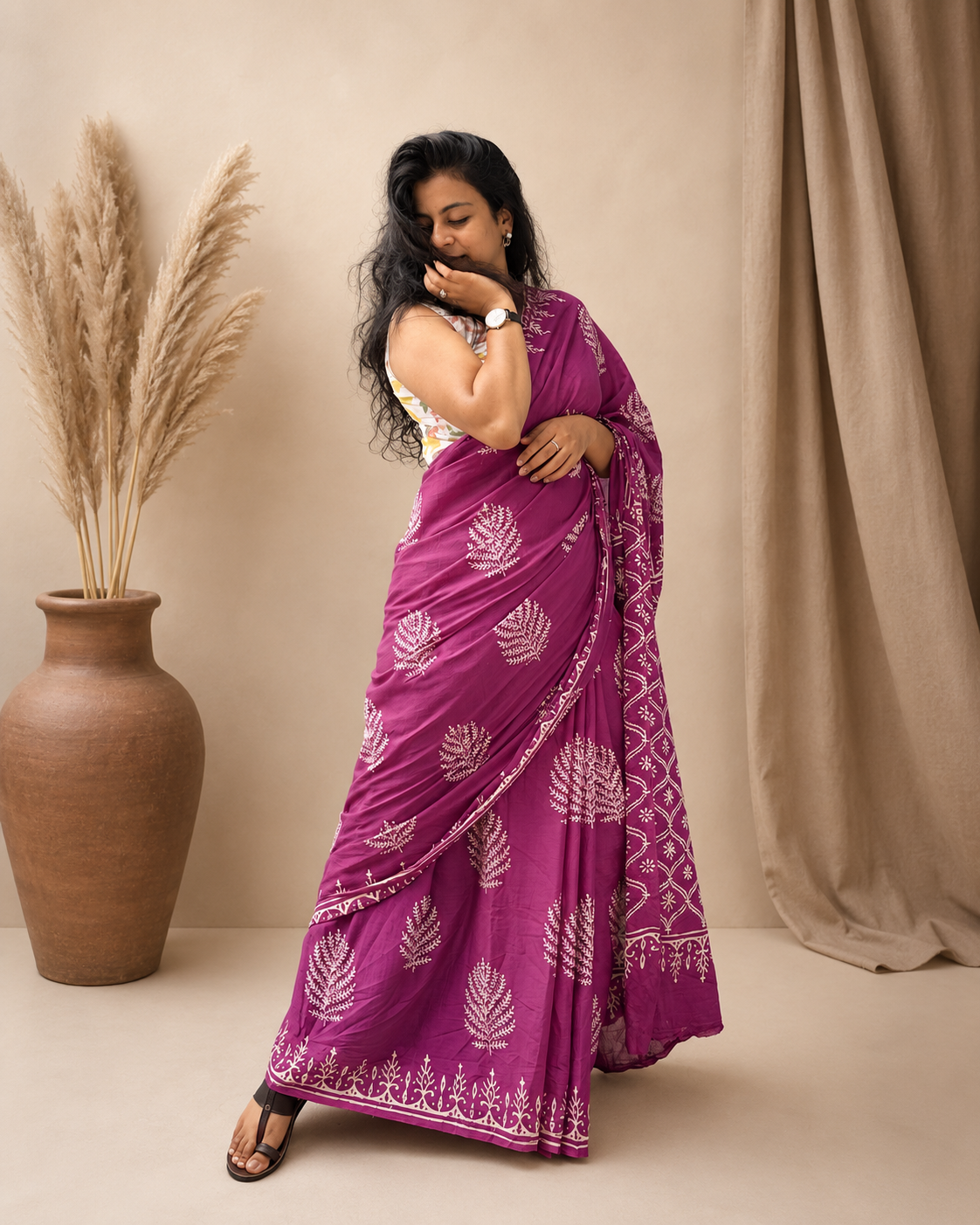 Pankhuri - Handblock Mulmul Cotton Saree