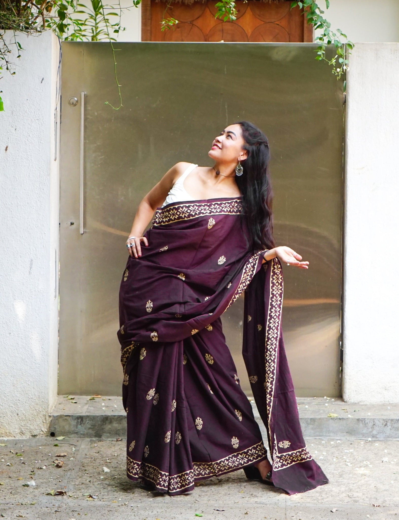 Poppins Collection - Brown Poppins Candy - Handblock Print Natural Dyed - Mulmul Cotton Saree