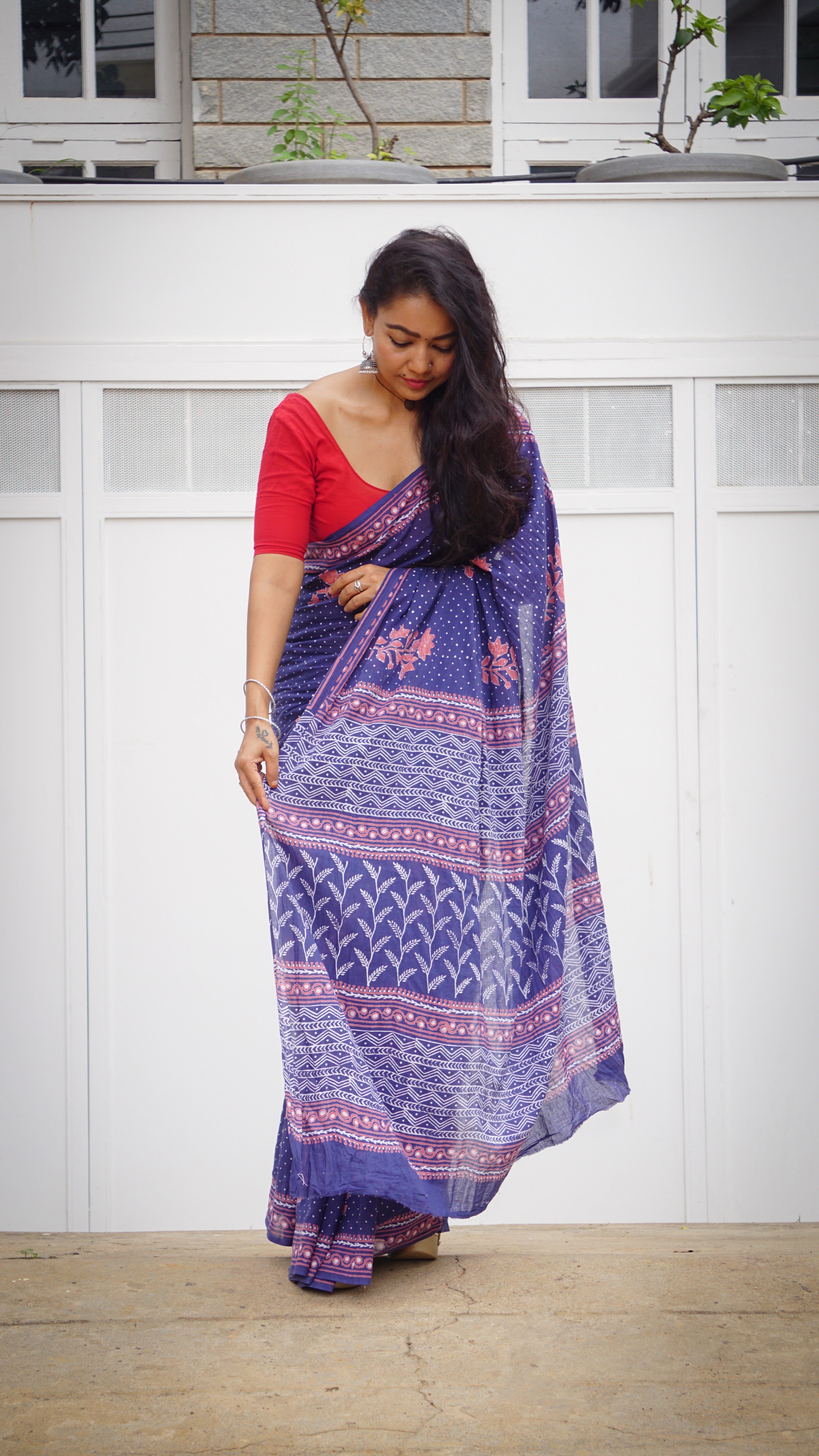 Elegant Navy Blue - Handblock Printed Cotton Saree for Summer