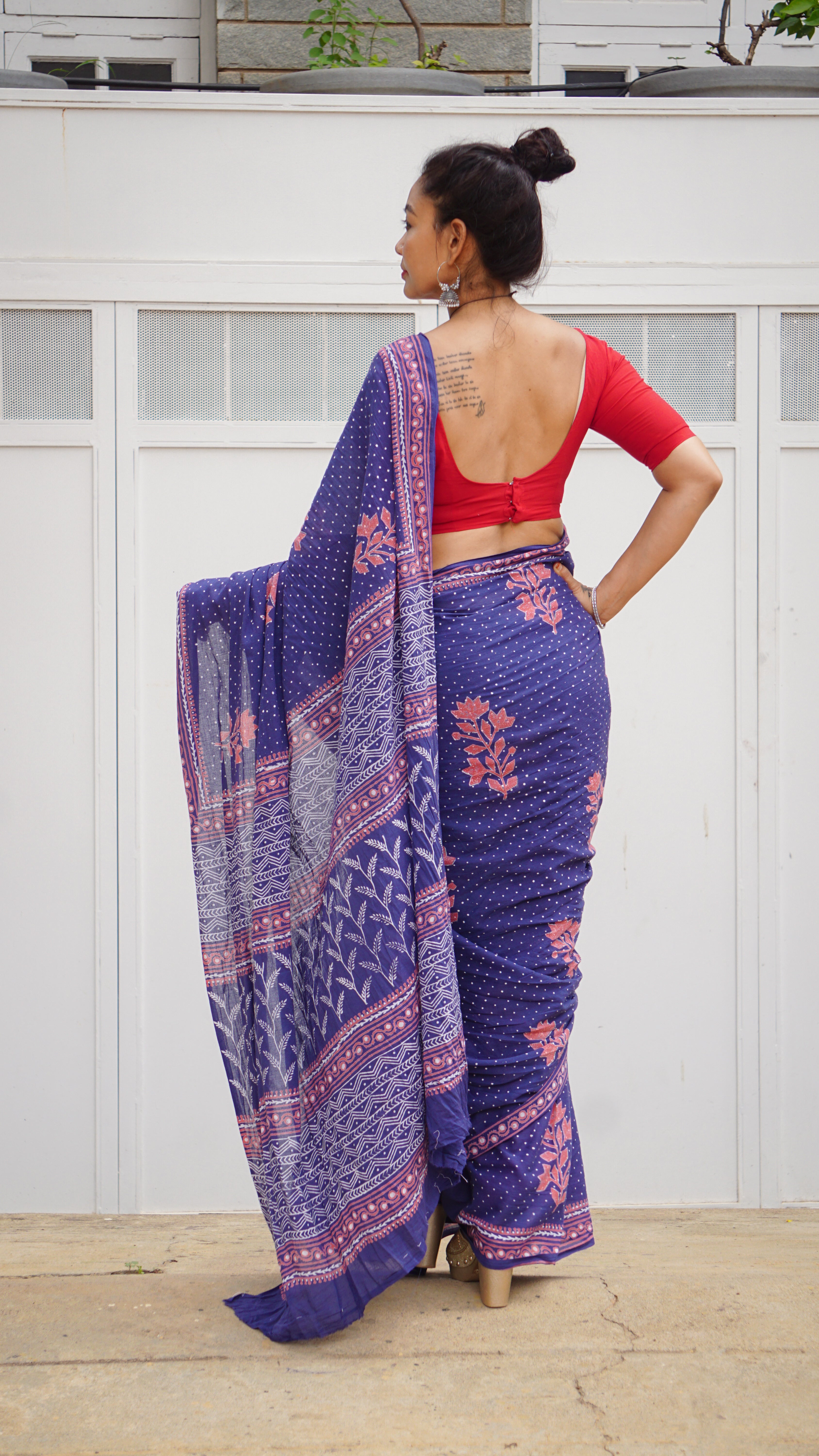 Elegant Navy Blue - Handblock Printed Cotton Saree for Summer