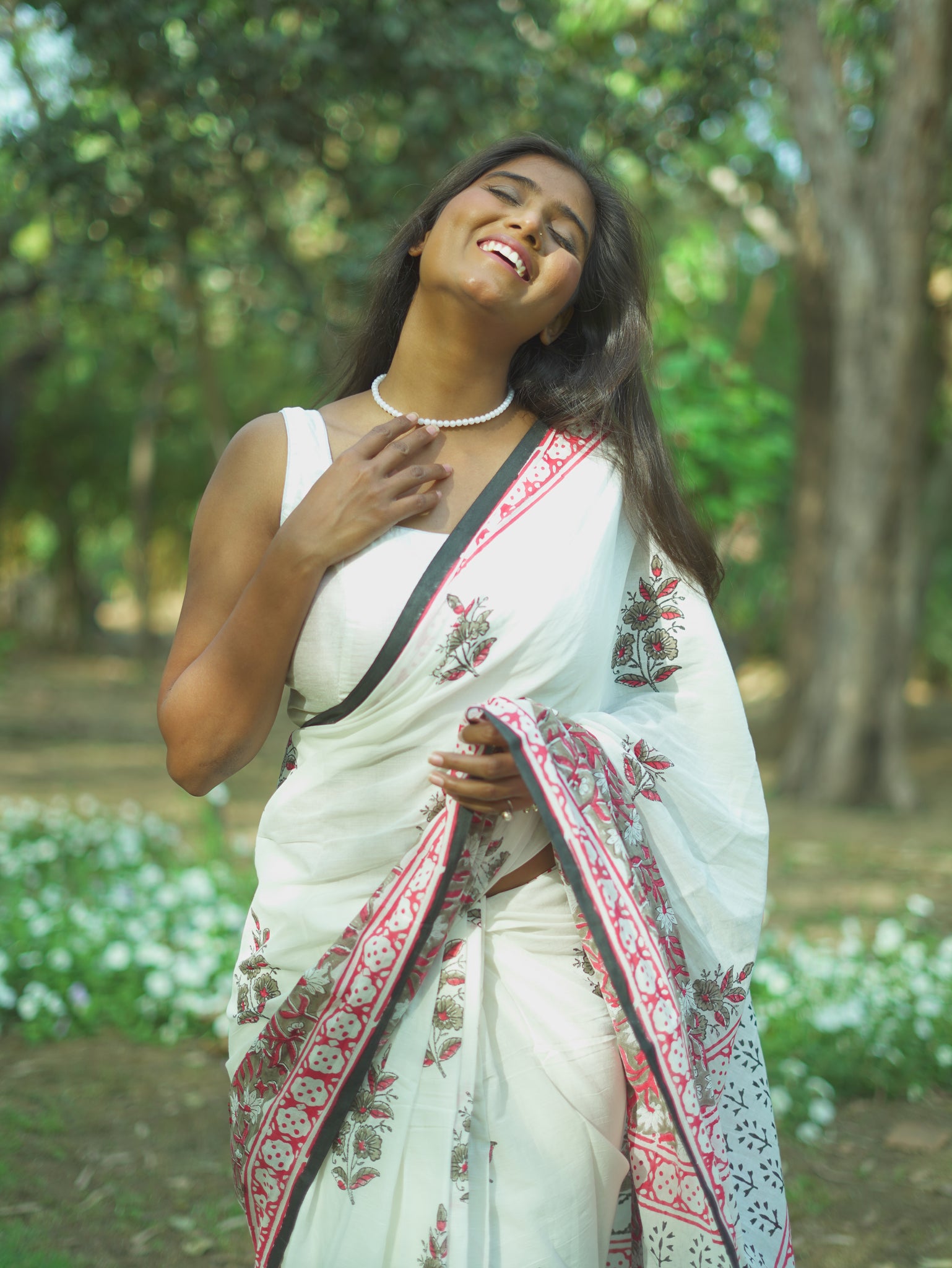 Summer Bloom - Handblock Print Natural Dyed - White Mulmul Cotton Saree