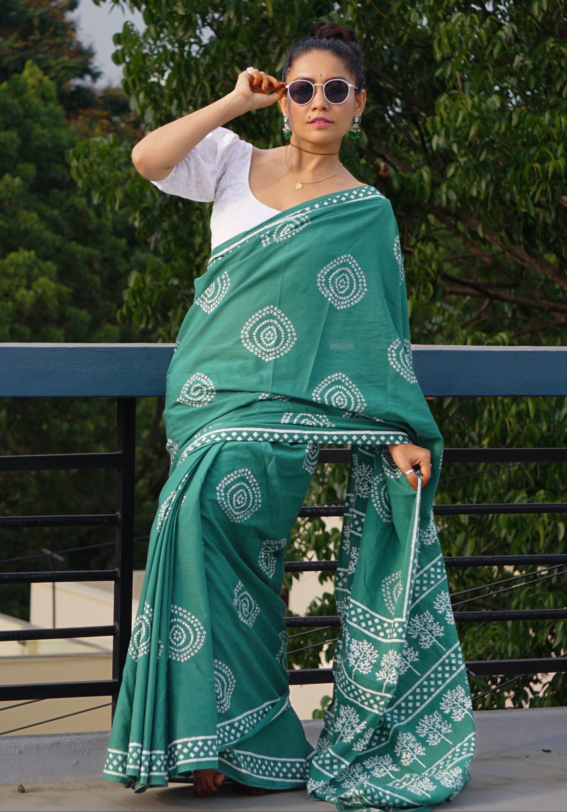 Green Bandhni Handblock Mulmul Cotton Saree - Perfect for Summer