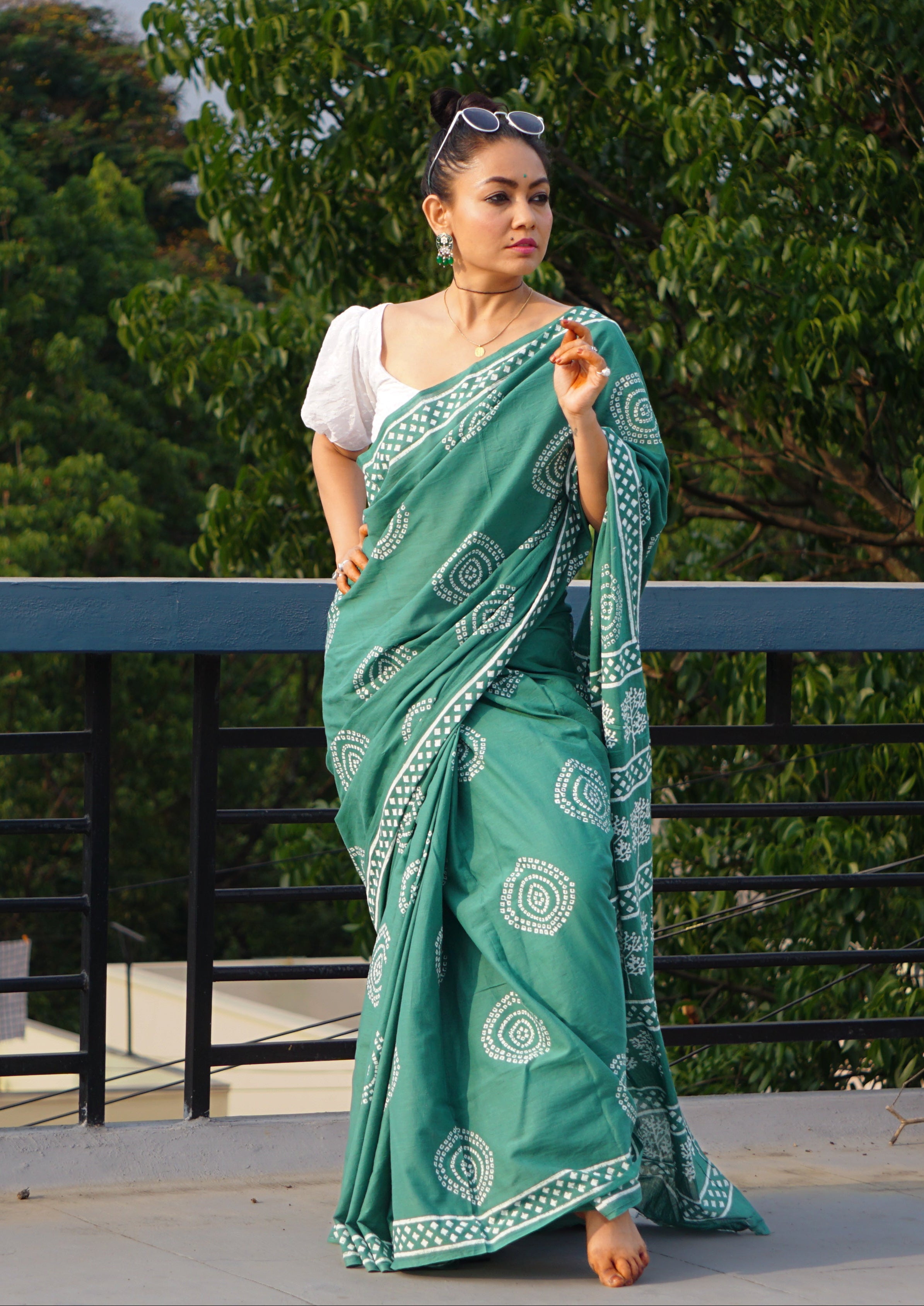 Green Bandhni Handblock Mulmul Cotton Saree - Perfect for Summer