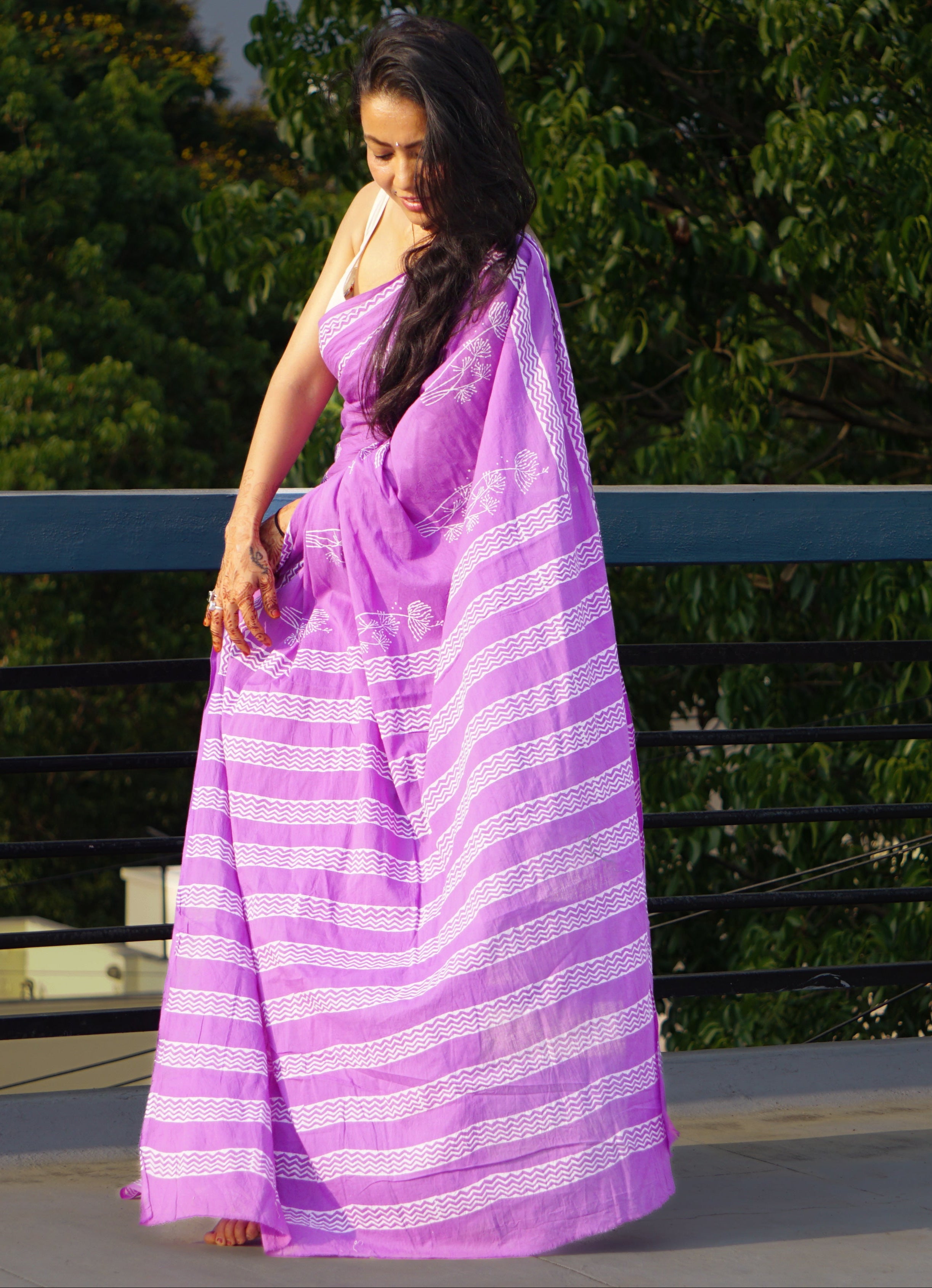 Purple Margarita Handblock Mulmul Cotton Saree - Perfect for Summer