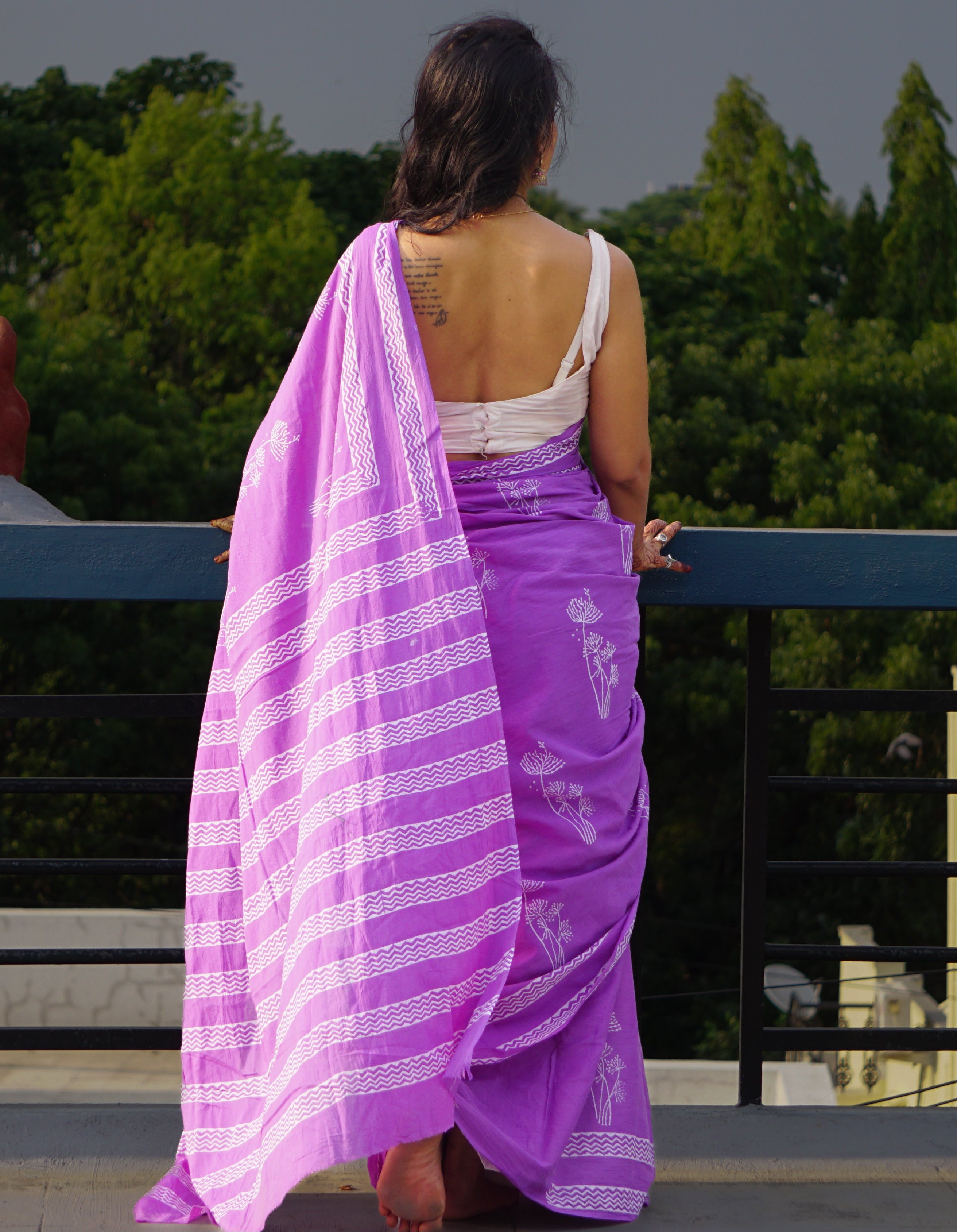 Purple Margarita Handblock Mulmul Cotton Saree - Perfect for Summer