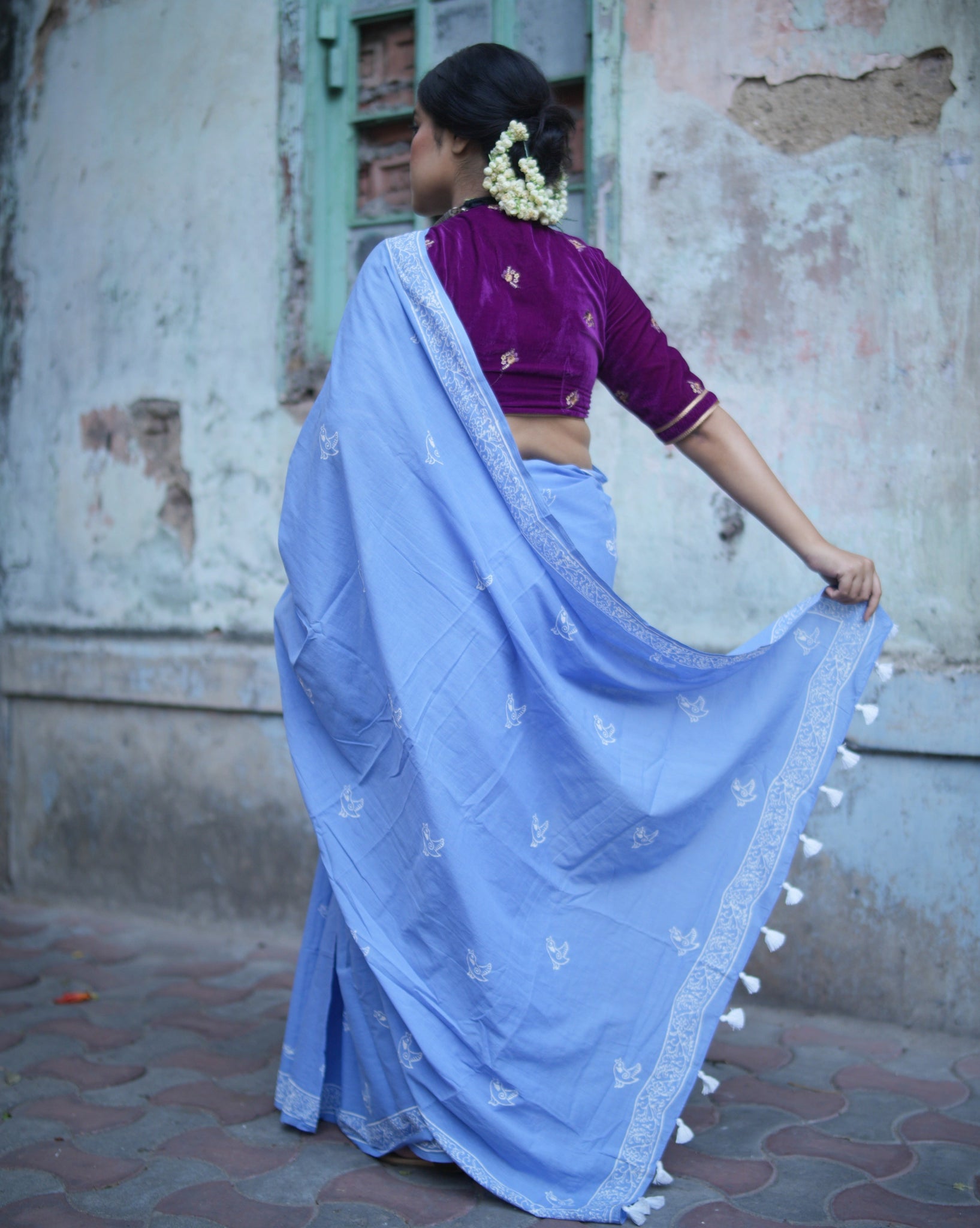 Chidiya - Handblock Print Natural Dyed - Sky Blue Mulmul Cotton Saree