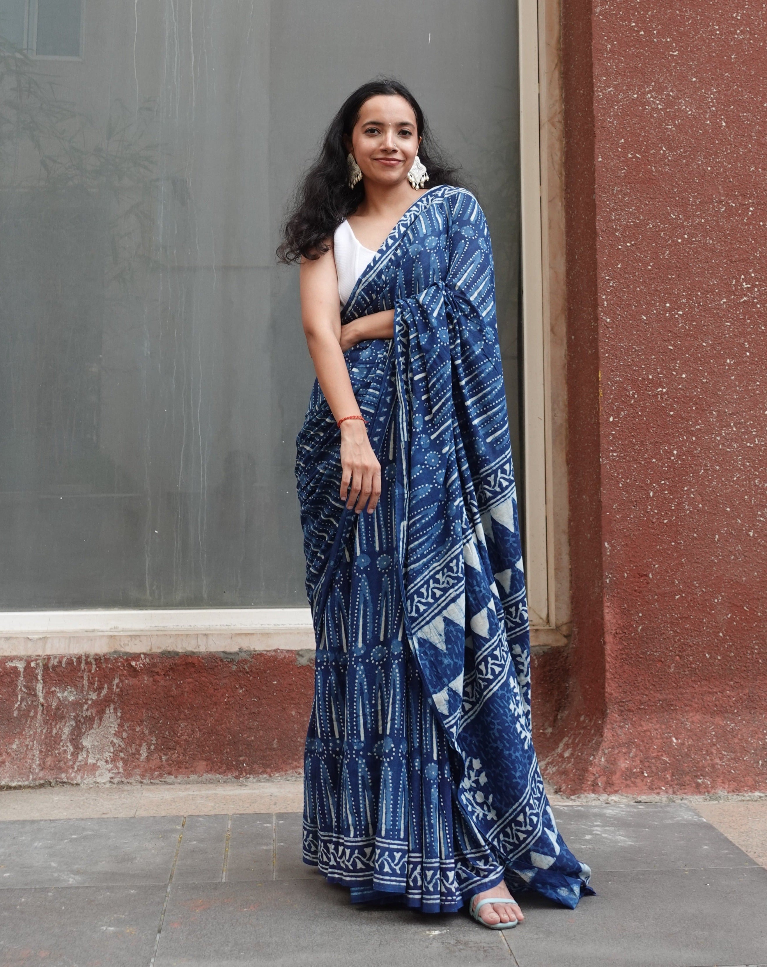 Indigo dabu handblock print tiered cotton skirt