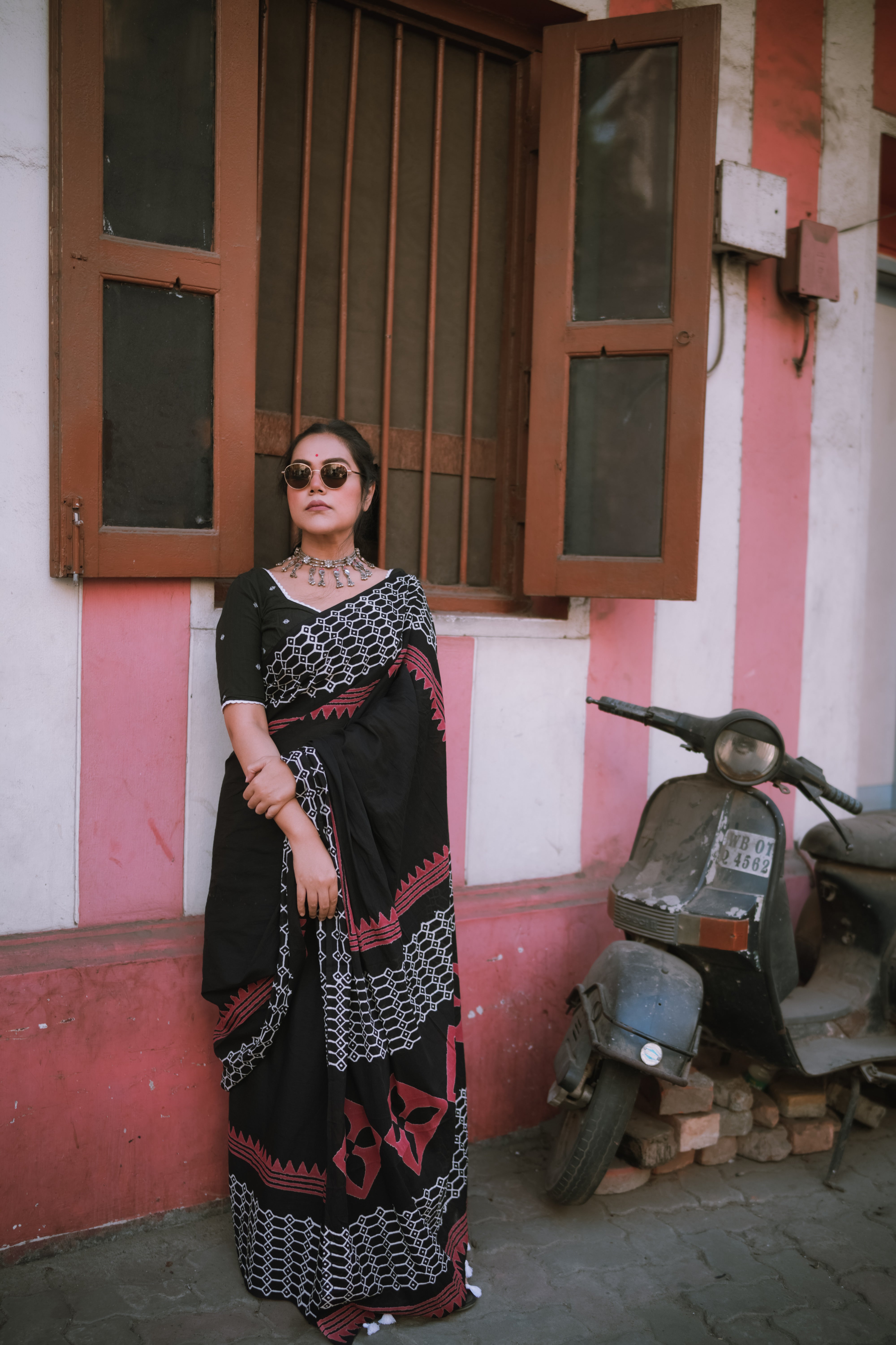 Retro Black - Handblock Print Natural Dyed - Mulmul Cotton Saree