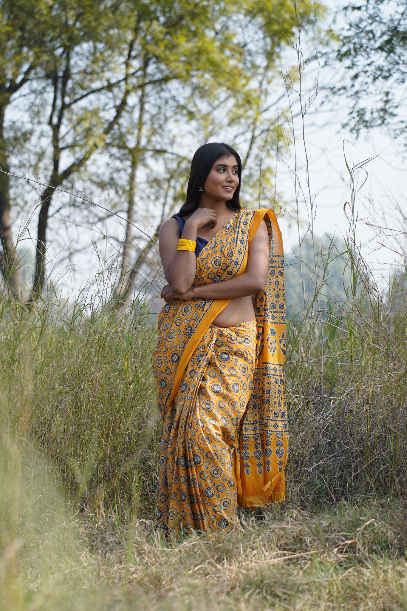 A Beautiful Sunset - Ajrakh Handblock Print Natural Dyed - Mulmul Cotton Saree