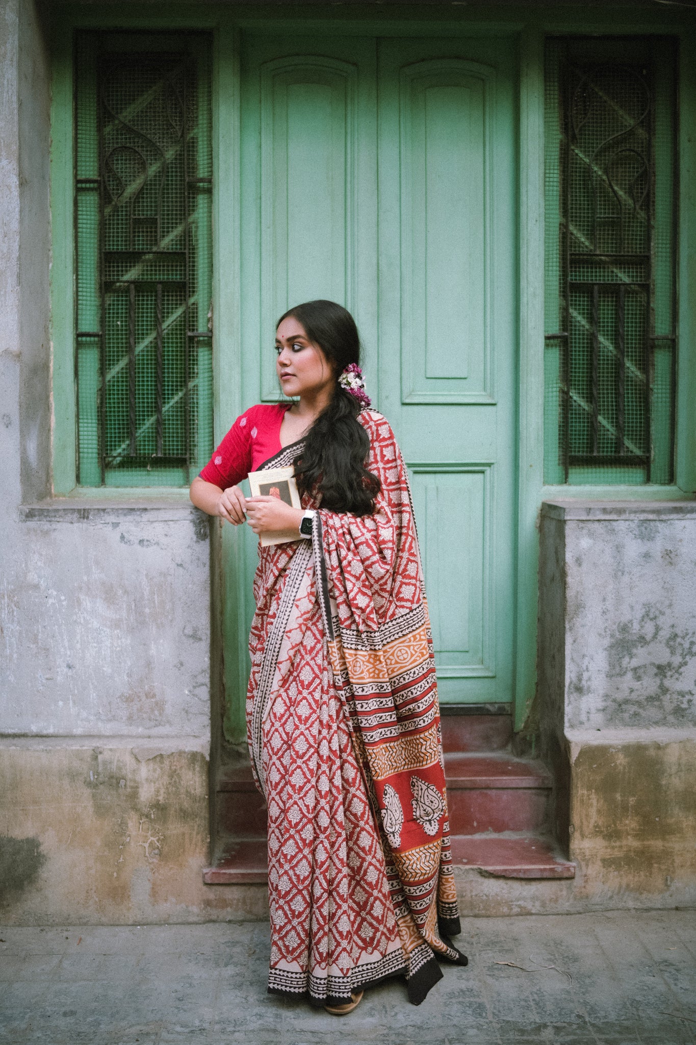 Brick Red Bagru Saree - Handblock Print Natural Dyed - Mulmul Cotton Saree