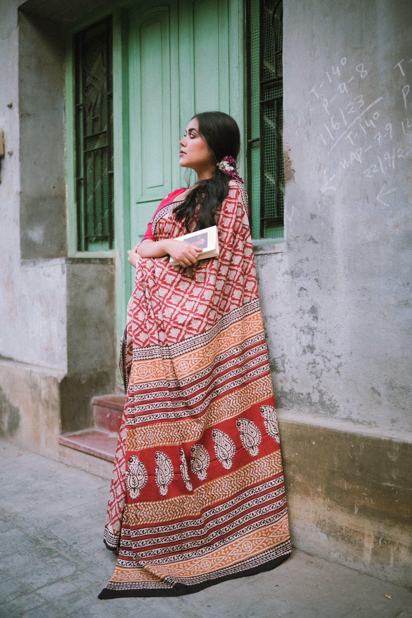 Brick Red Bagru Saree - Handblock Print Natural Dyed - Mulmul Cotton Saree