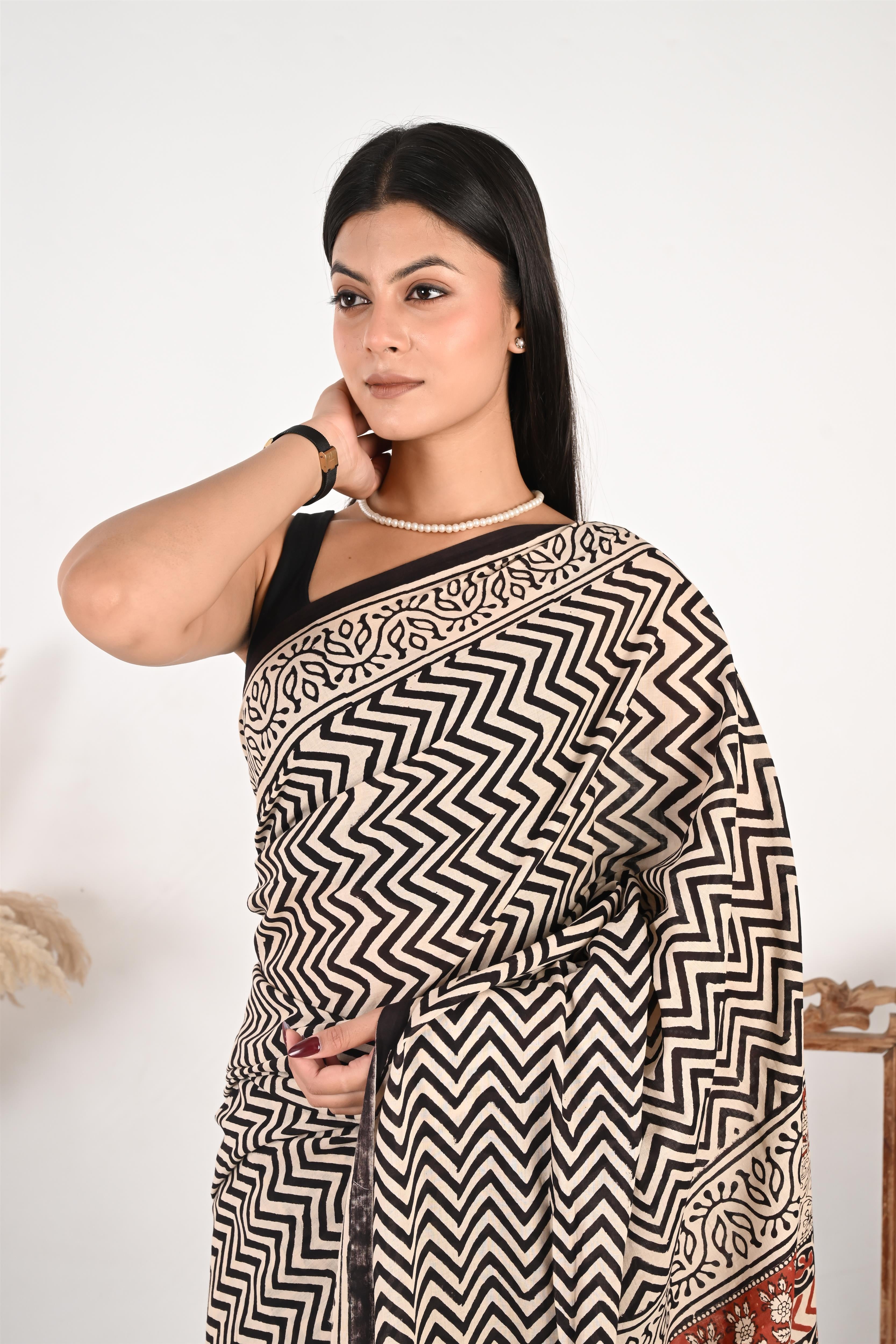 On Duty Drape - Handblock Print Natural Dyed - Mulmul Cotton Saree
