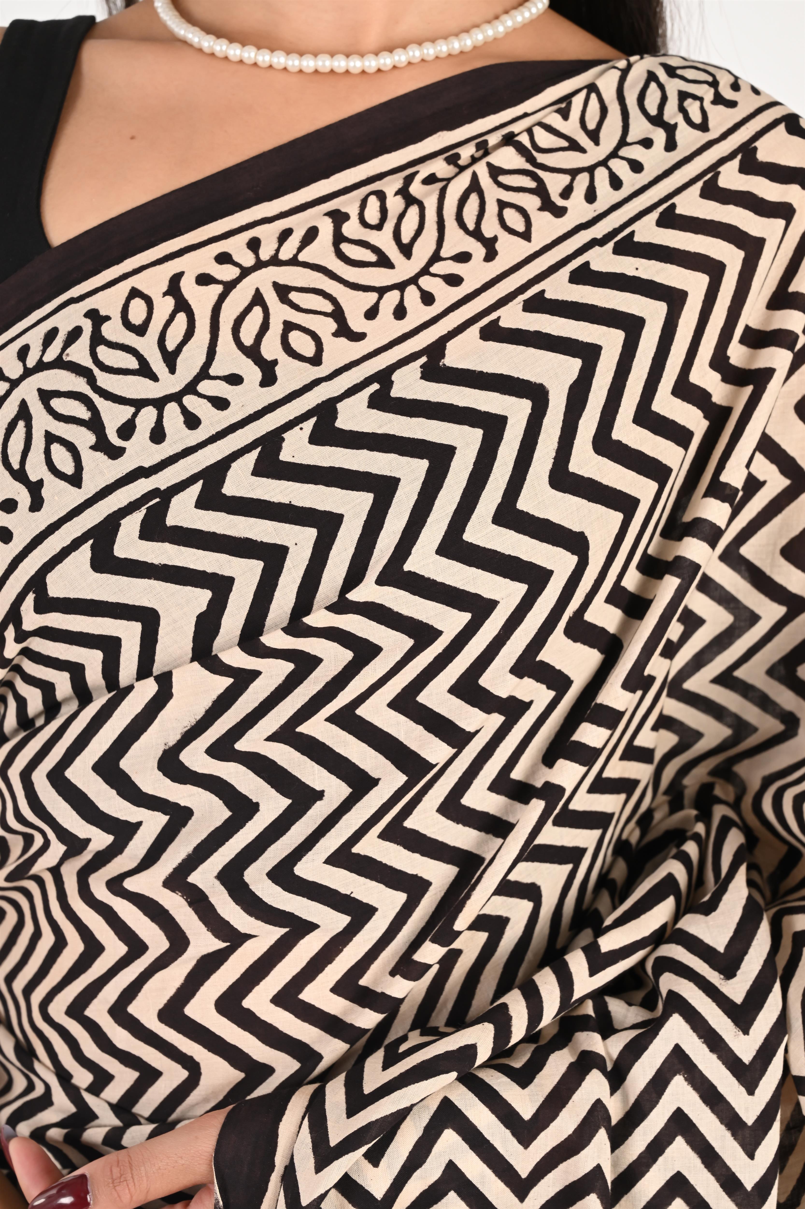 On Duty Drape - Handblock Print Natural Dyed - Mulmul Cotton Saree