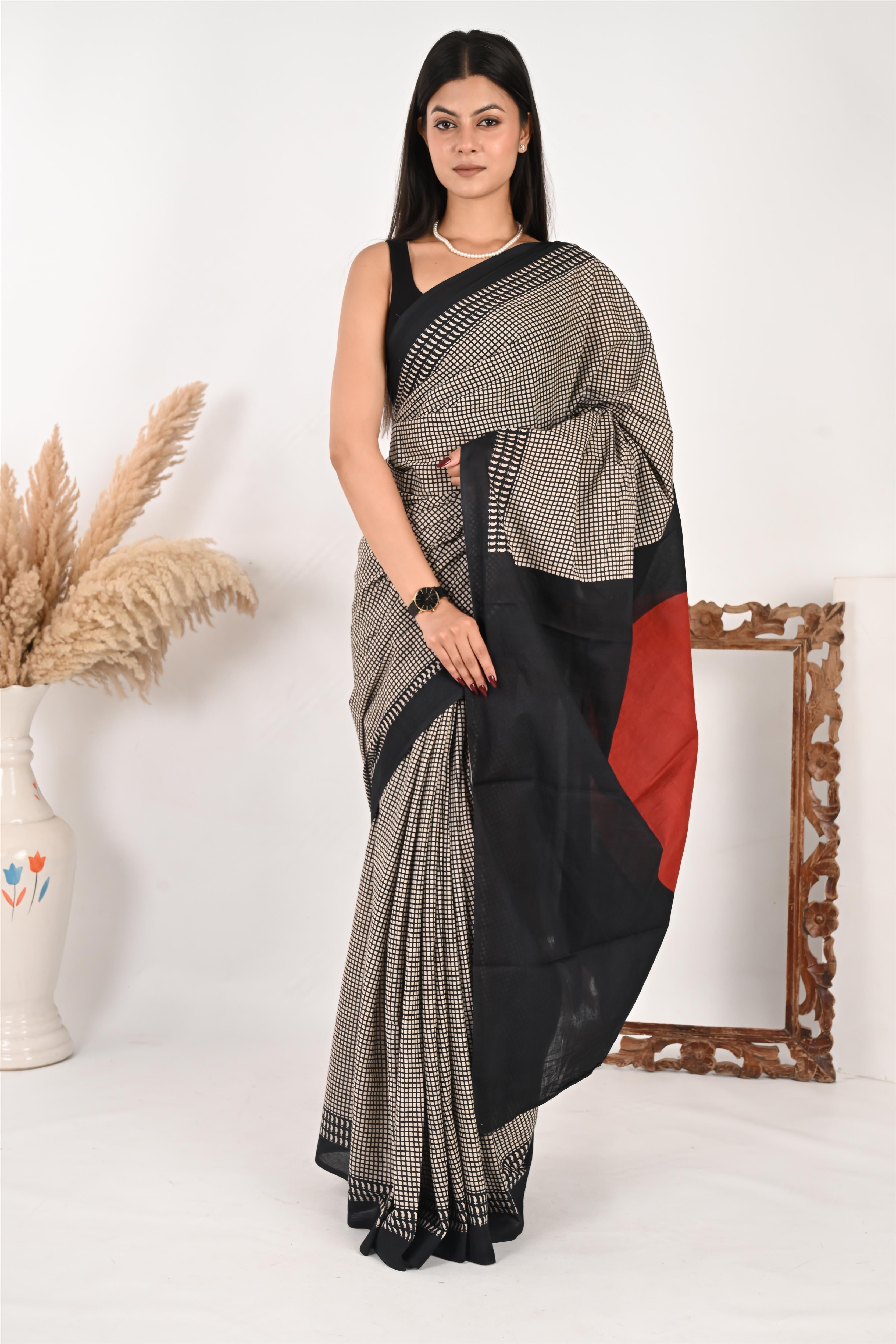Boss Lady - Handblock Print Natural Dyed - Mulmul Cotton Saree