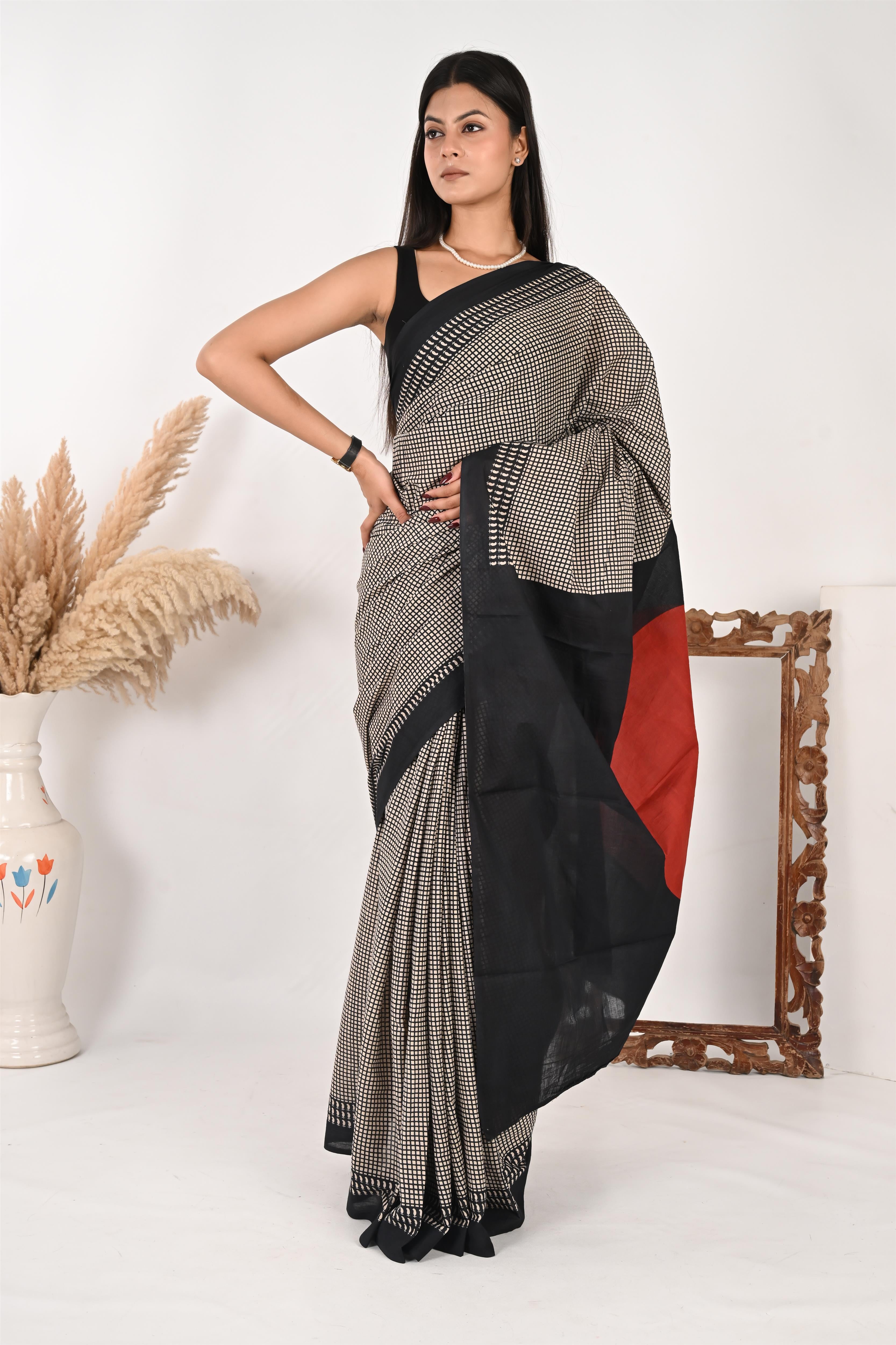 Boss Lady - Handblock Print Natural Dyed - Mulmul Cotton Saree