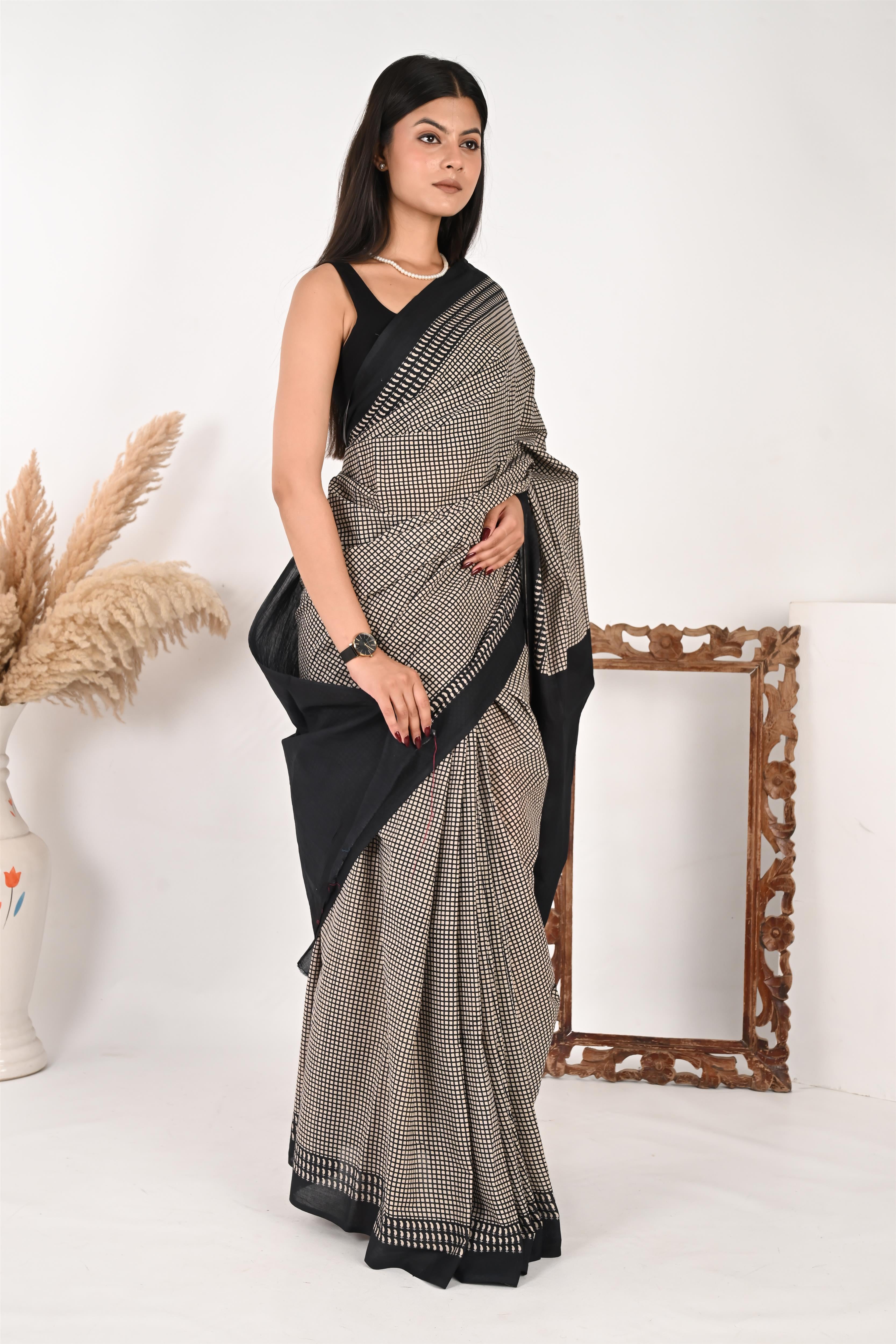 Boss Lady - Handblock Print Natural Dyed - Mulmul Cotton Saree