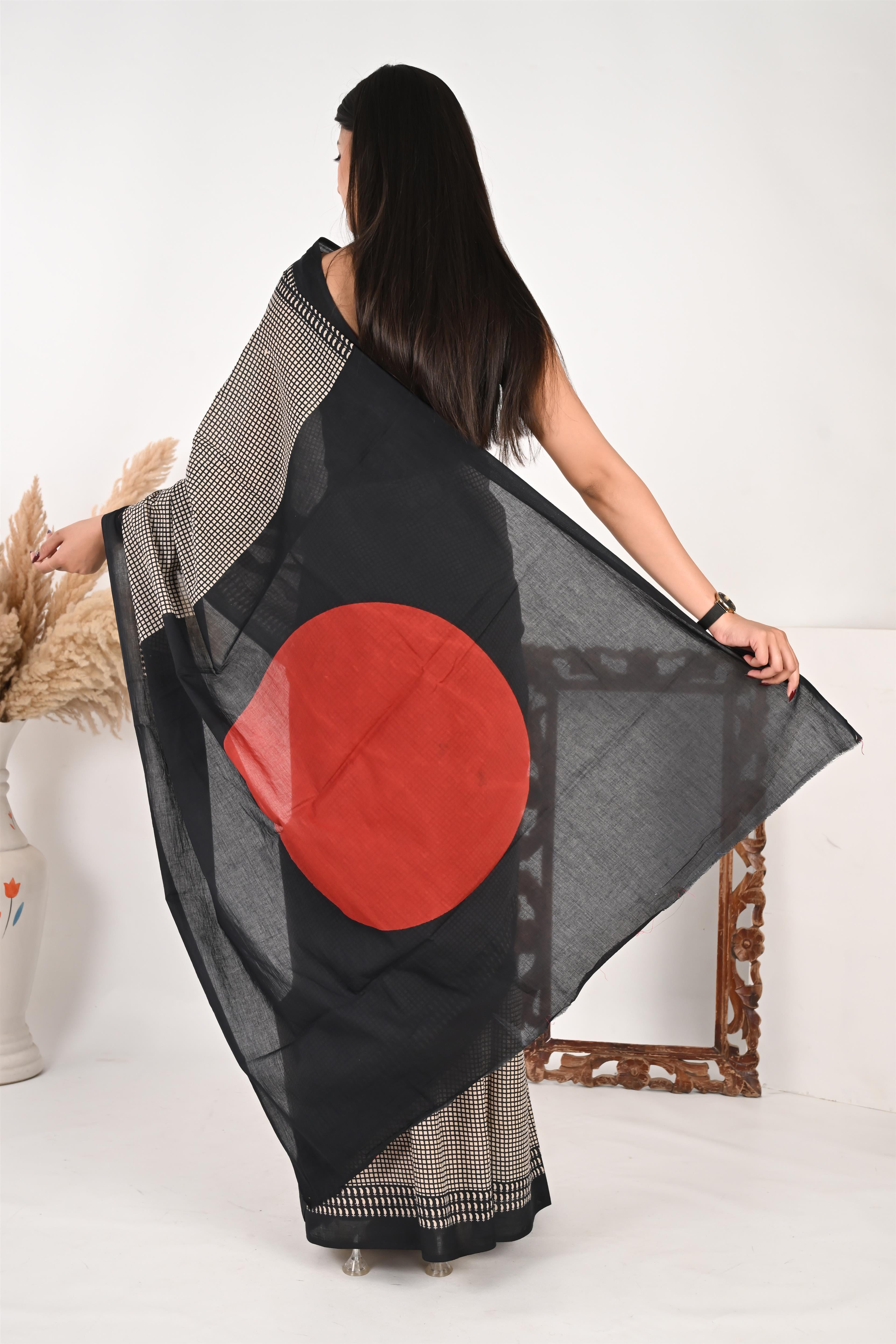 Boss Lady - Handblock Print Natural Dyed - Mulmul Cotton Saree