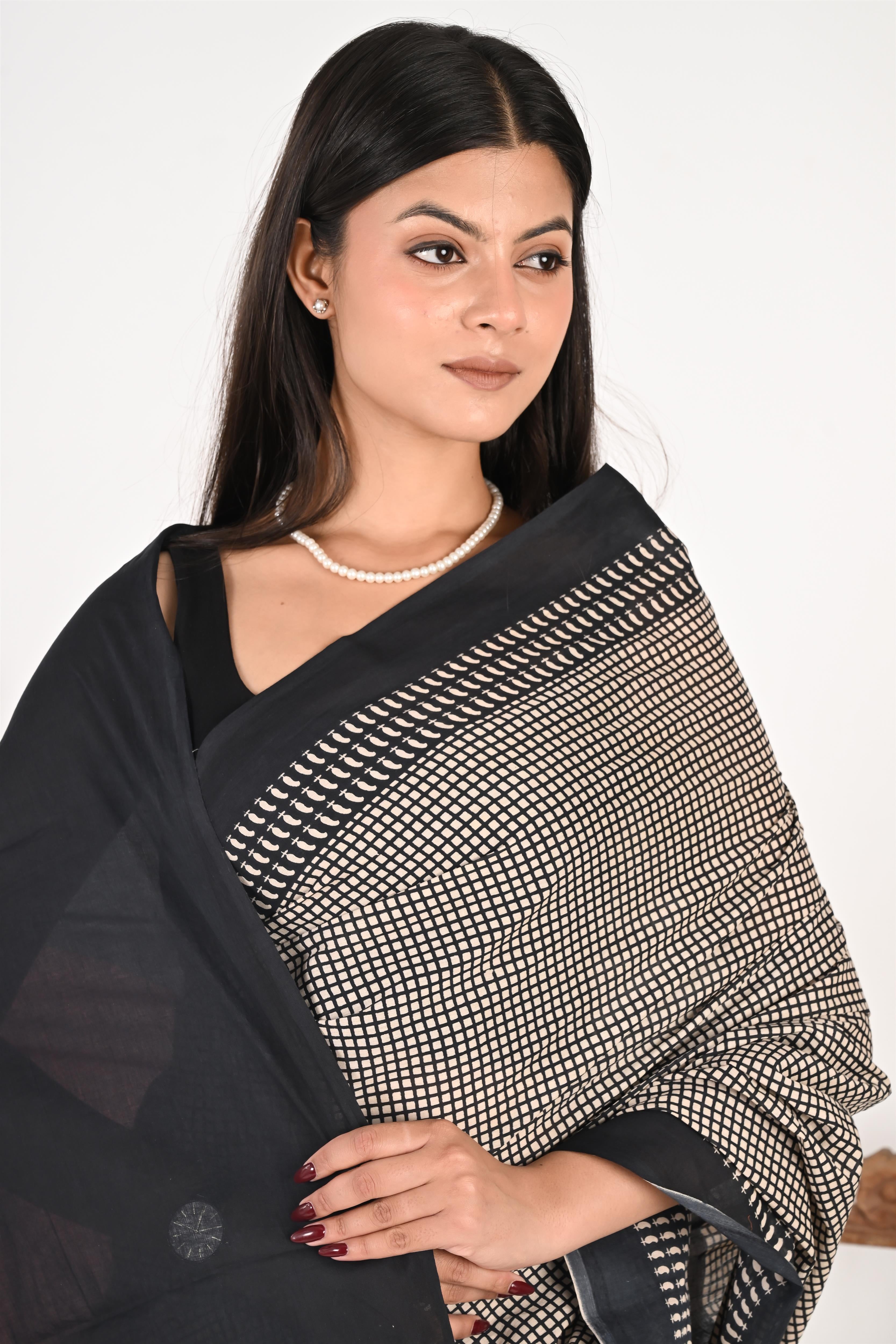 Boss Lady - Handblock Print Natural Dyed - Mulmul Cotton Saree