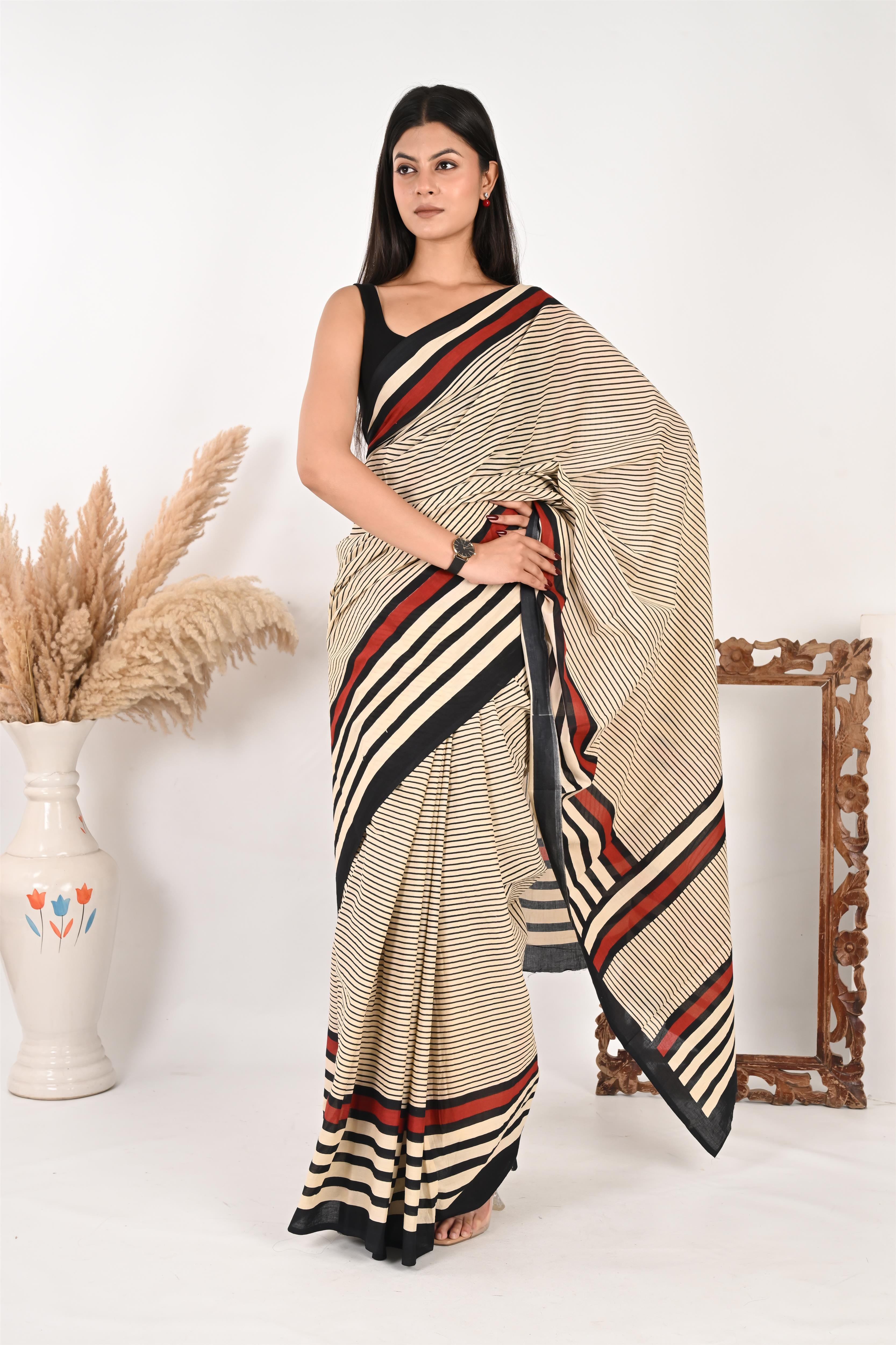 Endless Timesheet - Handblock Print Natural Dyed - Mulmul Cotton Saree