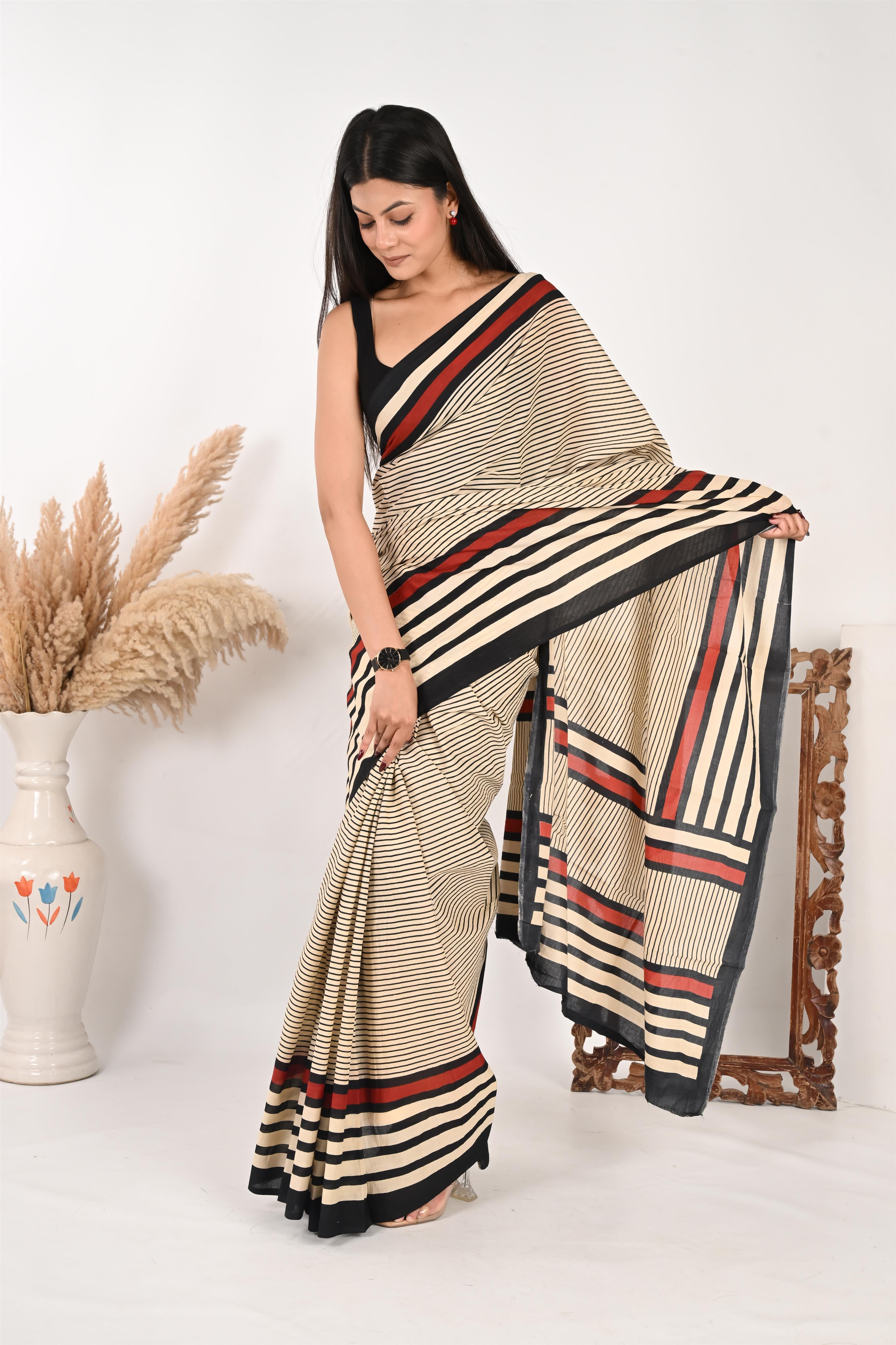 Endless Timesheet - Handblock Print Natural Dyed - Mulmul Cotton Saree