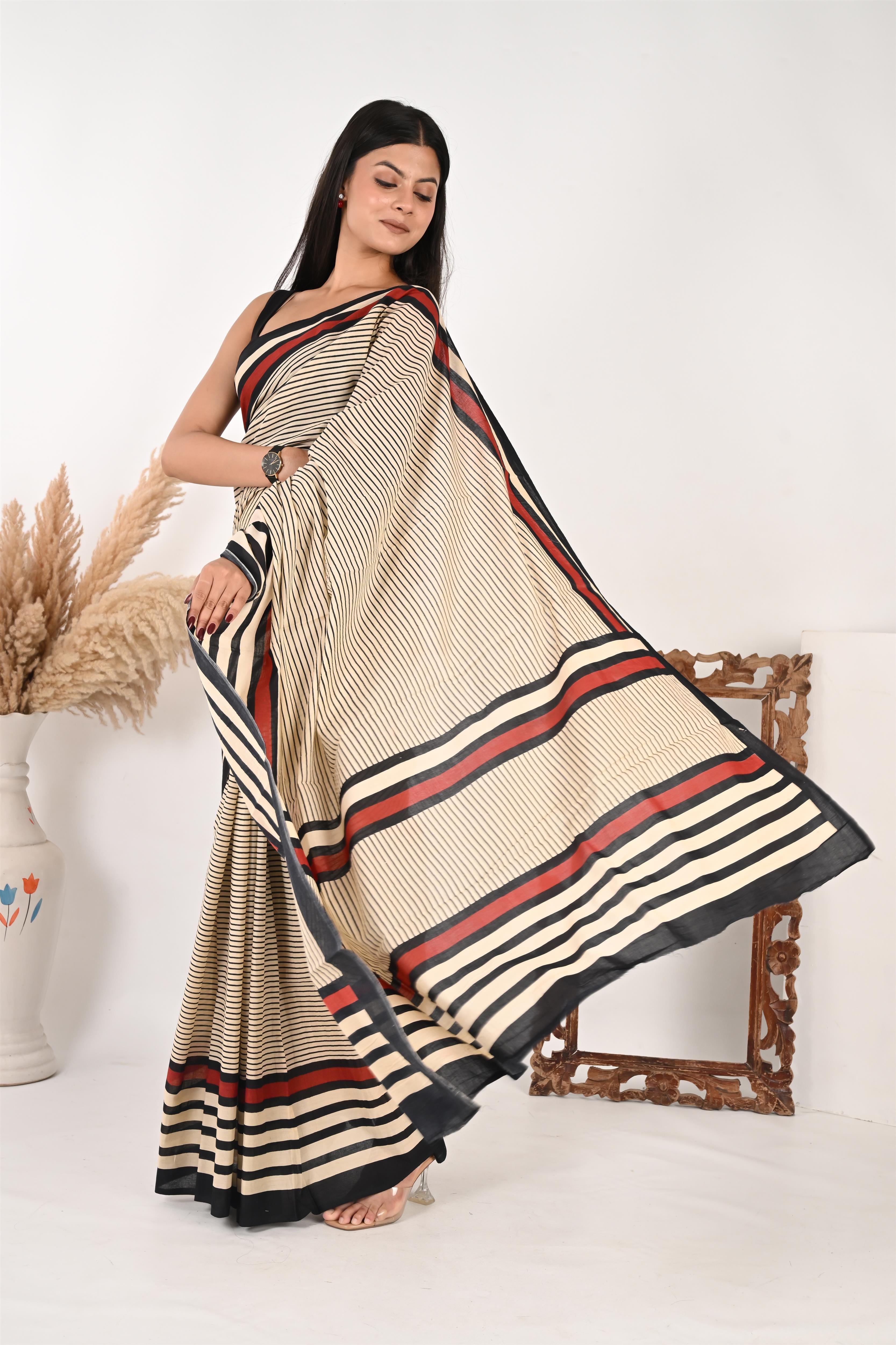 Endless Timesheet - Handblock Print Natural Dyed - Mulmul Cotton Saree
