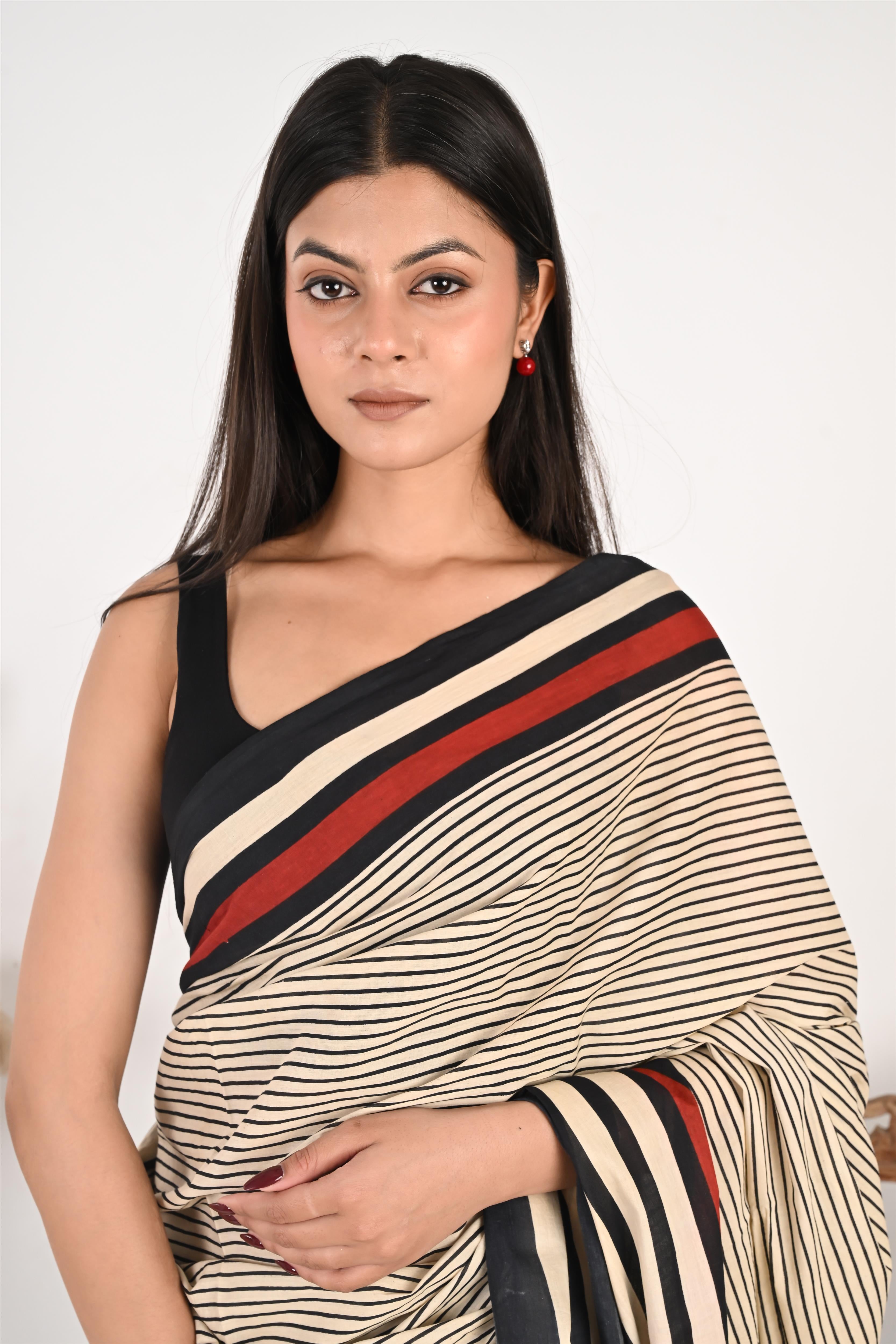 Endless Timesheet - Handblock Print Natural Dyed - Mulmul Cotton Saree
